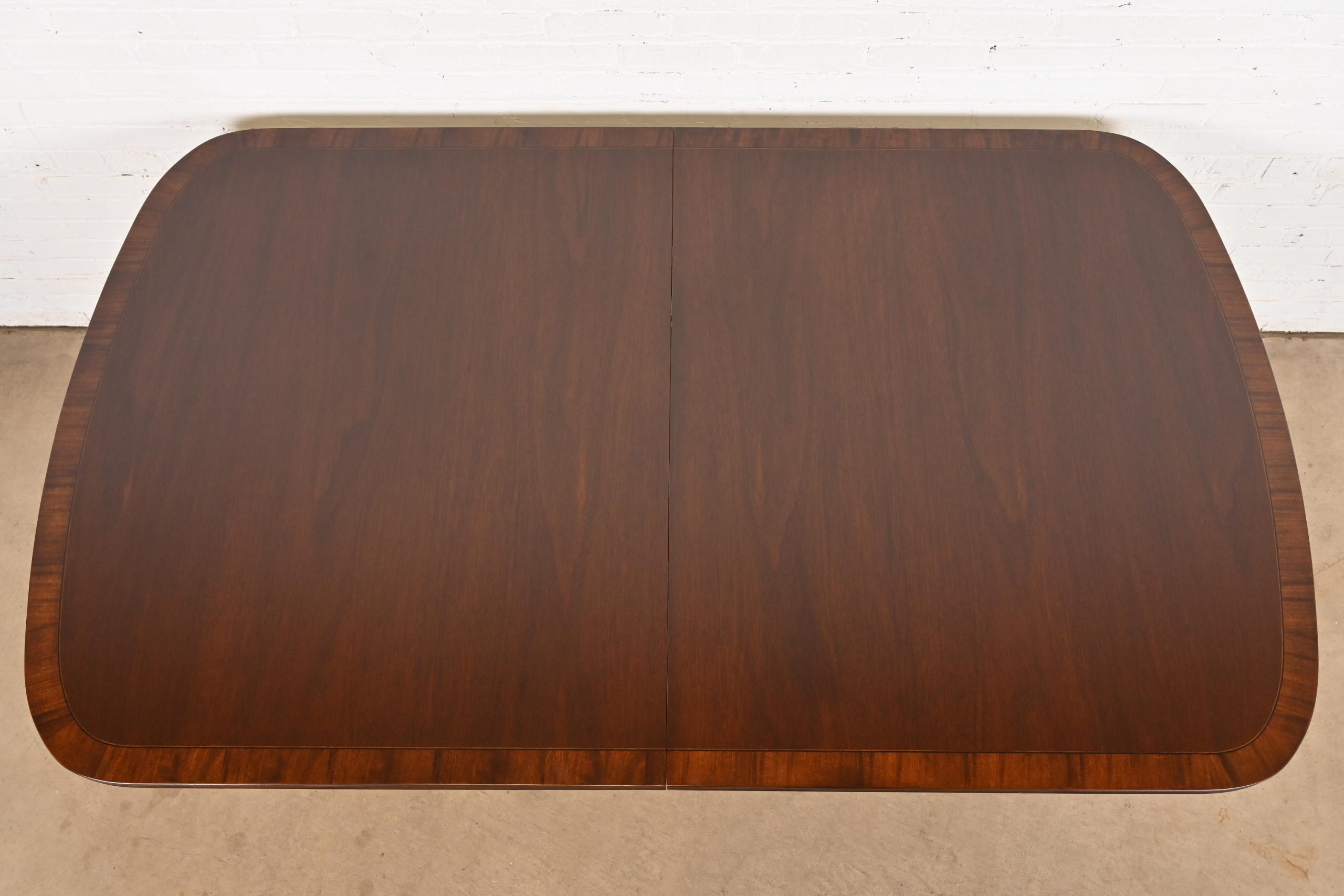 Baker Furniture Style Georgian Banded Mahogany Double Pedestal Extension Dining Table, Newly Refinished - Image 9
