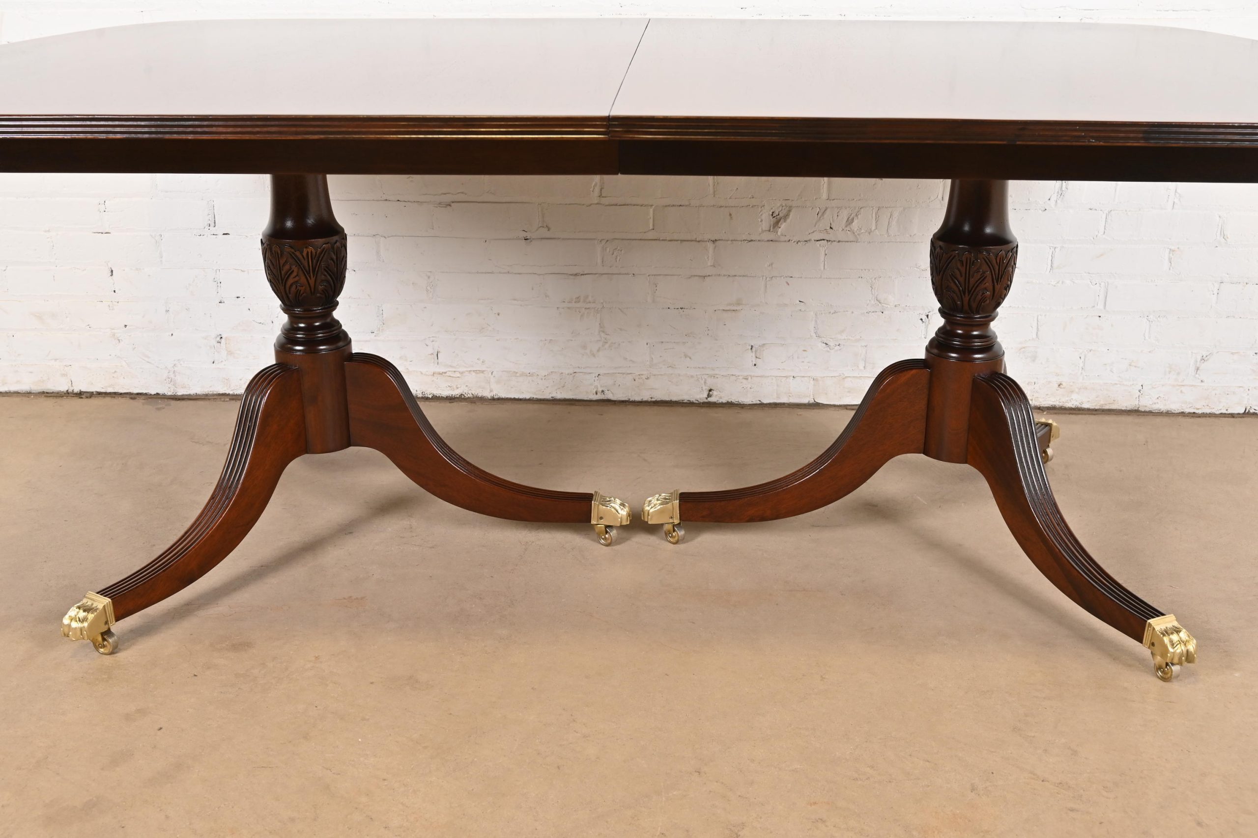 Baker Furniture Style Georgian Banded Mahogany Double Pedestal Extension Dining Table, Newly Refinished - Image 10