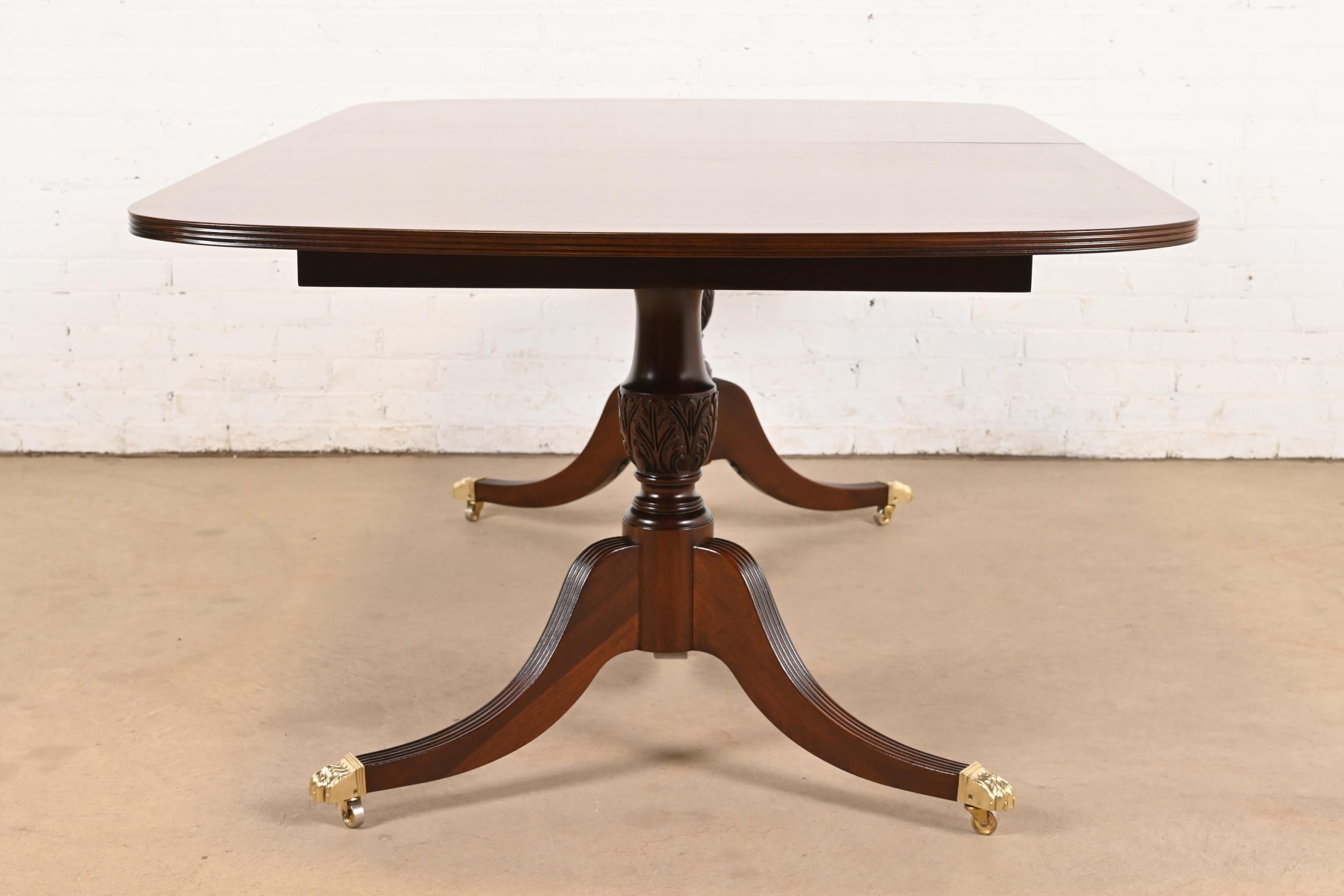 Baker Furniture Style Georgian Banded Mahogany Double Pedestal Extension Dining Table, Newly Refinished - Image 11