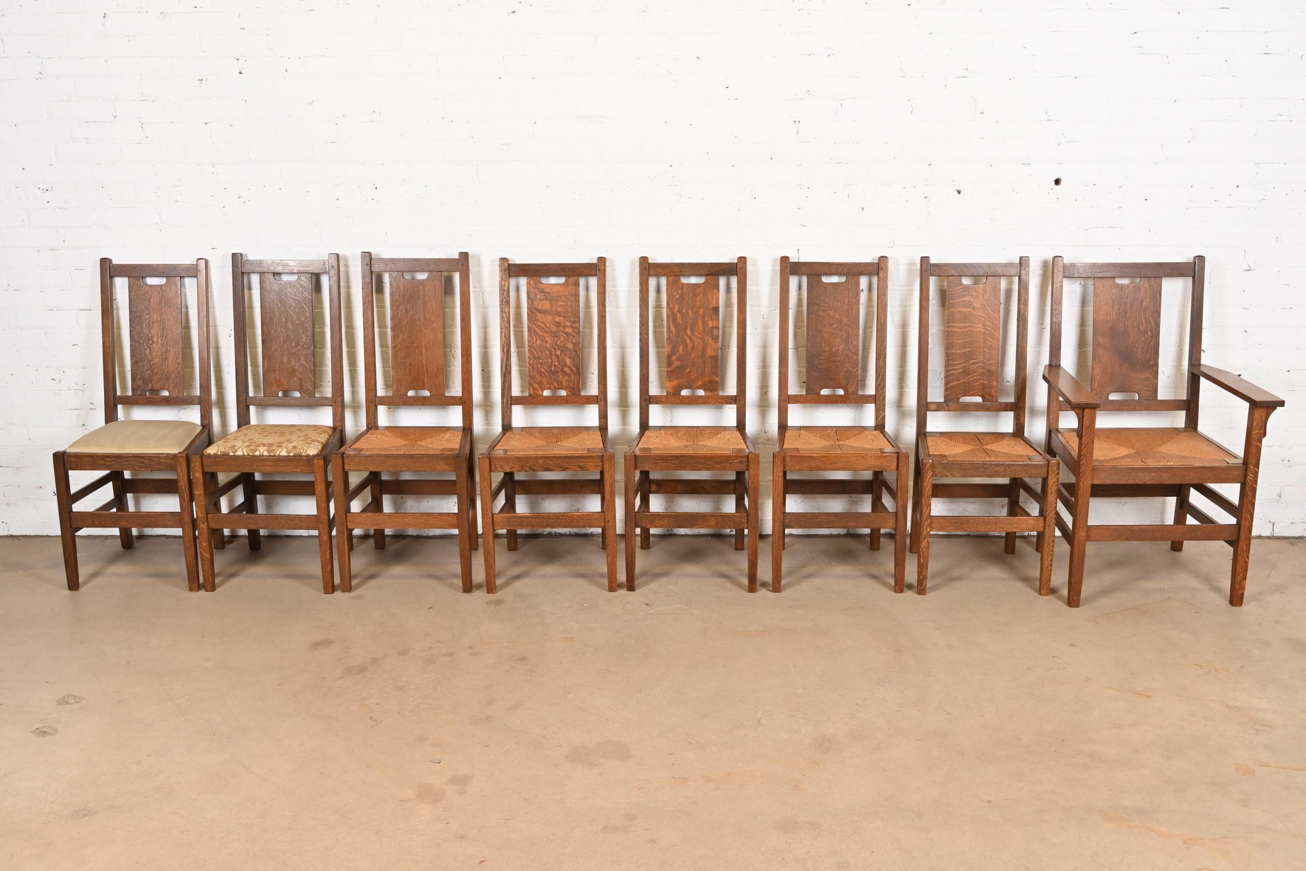Gustav Stickley Antique Mission Oak Arts & Crafts H-Back Dining Chairs With Rush Seats, Set of Eight - Image 2