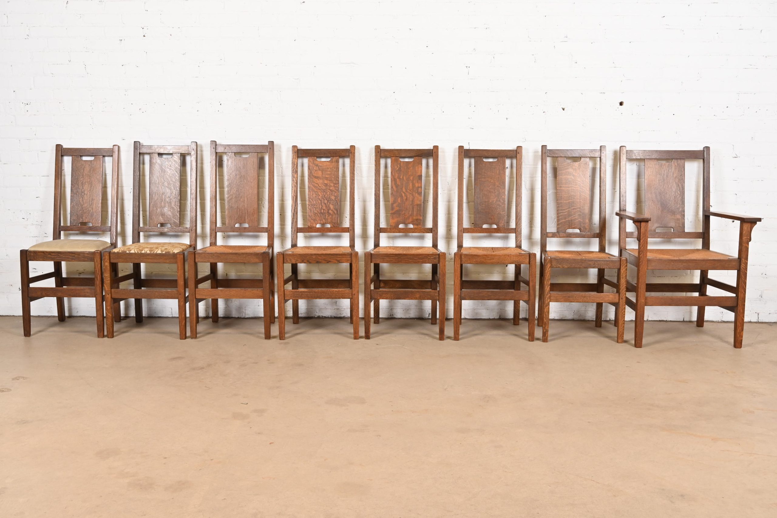 Gustav Stickley Antique Mission Oak Arts & Crafts H-Back Dining Chairs With Rush Seats, Set of Eight - Image 3