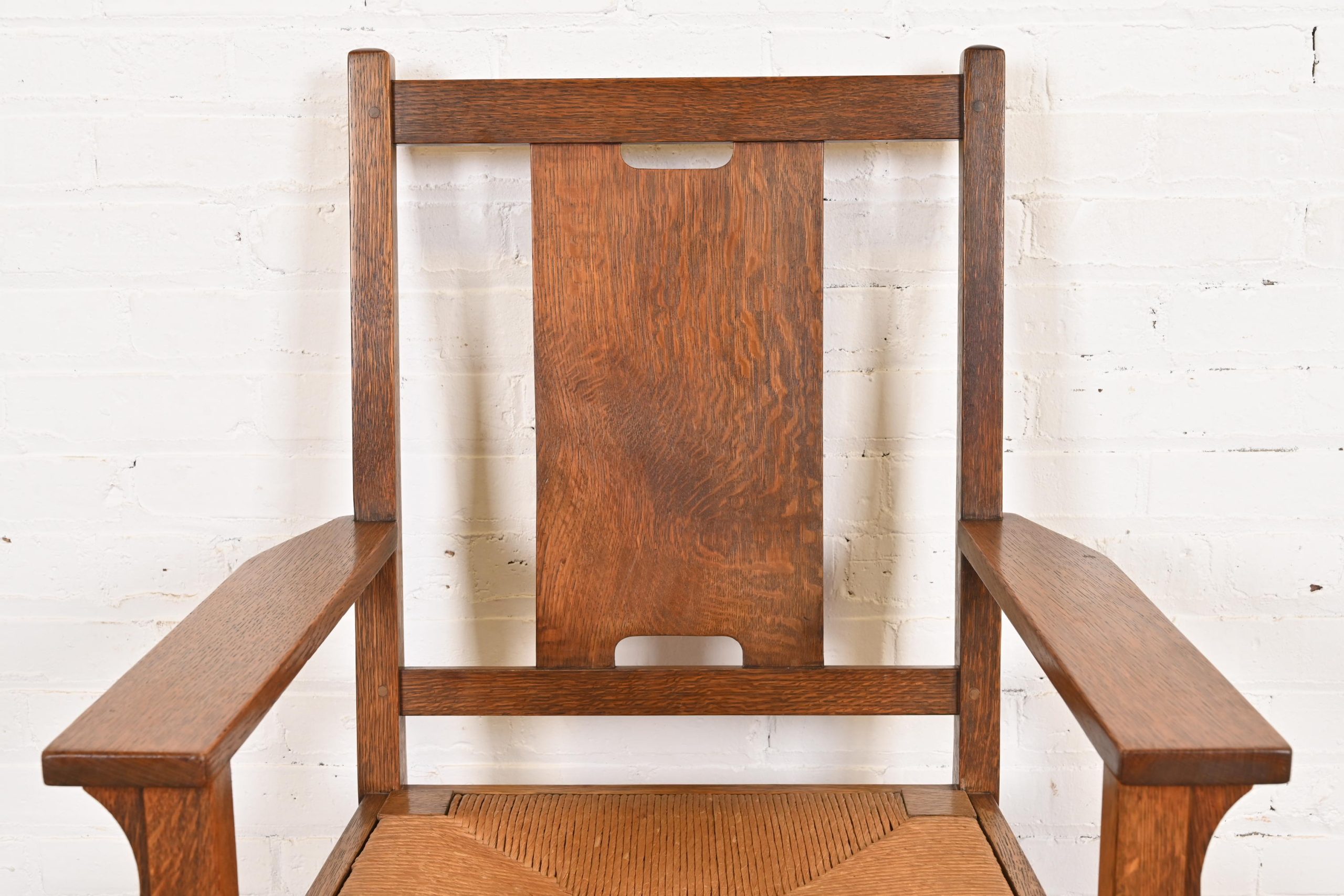 Gustav Stickley Antique Mission Oak Arts & Crafts H-Back Dining Chairs With Rush Seats, Set of Eight - Image 9