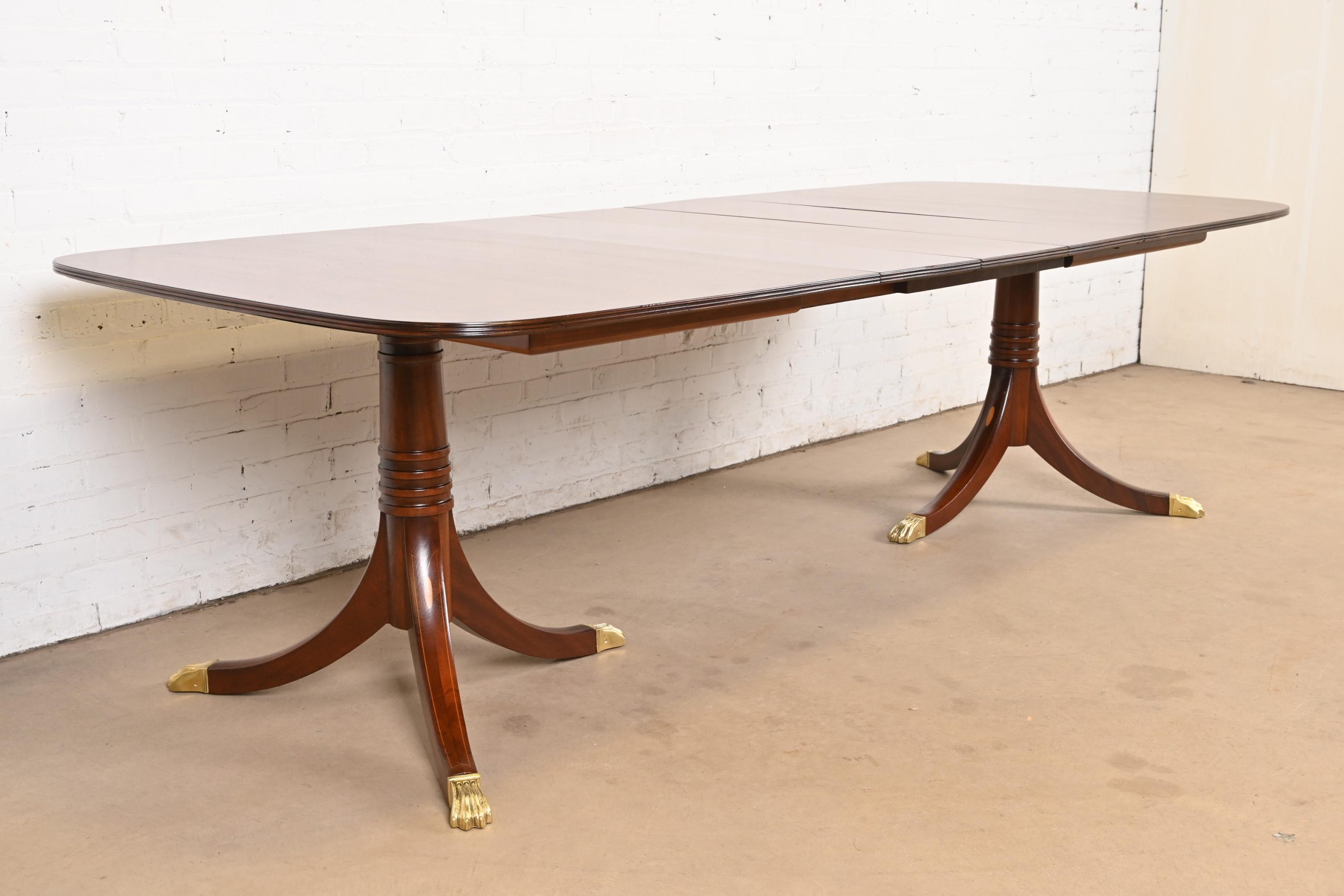 Baker Furniture Style Georgian Banded Mahogany Double Pedestal Extension Dining Table, Newly Refinished - Image 4