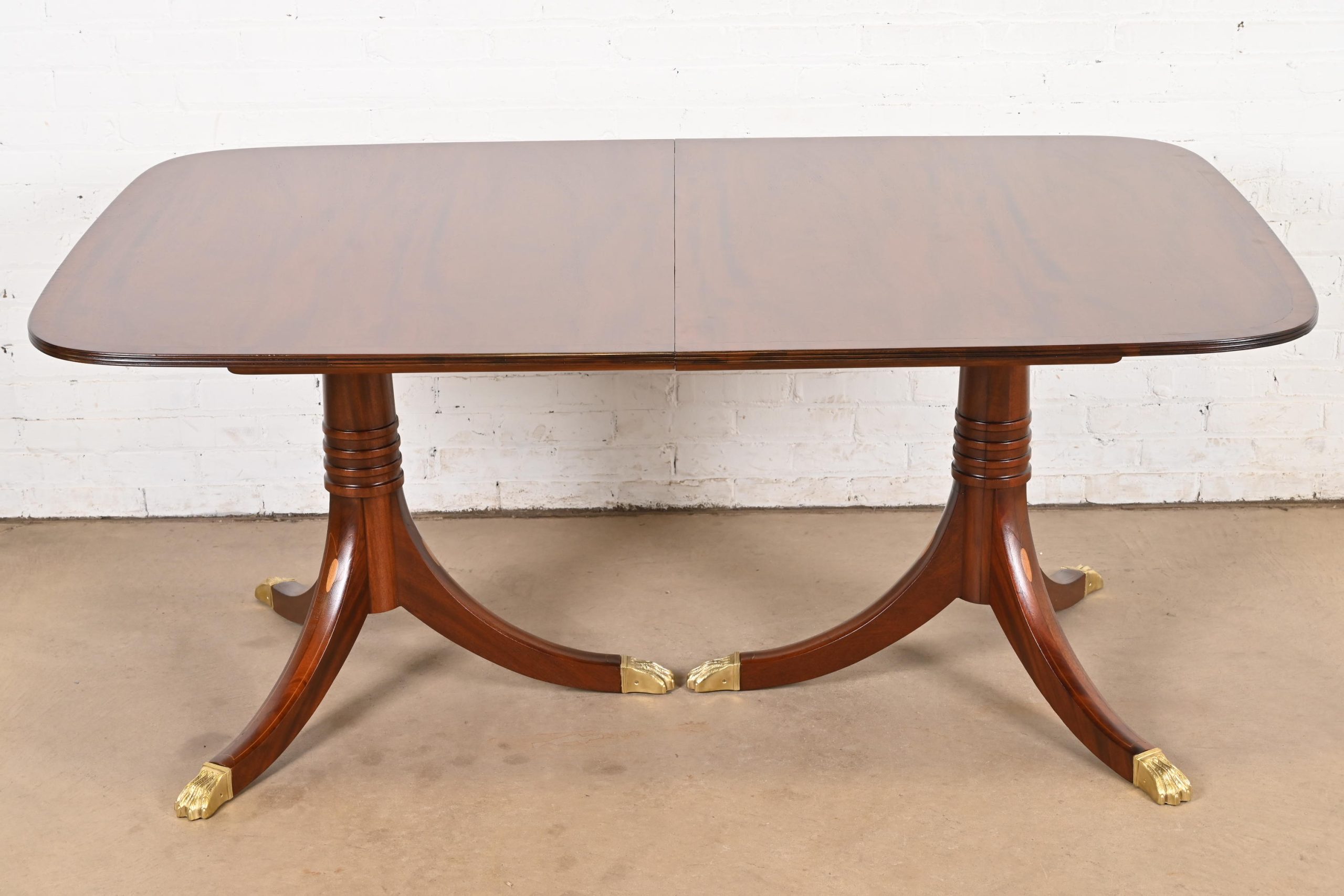 Baker Furniture Style Georgian Banded Mahogany Double Pedestal Extension Dining Table, Newly Refinished - Image 6