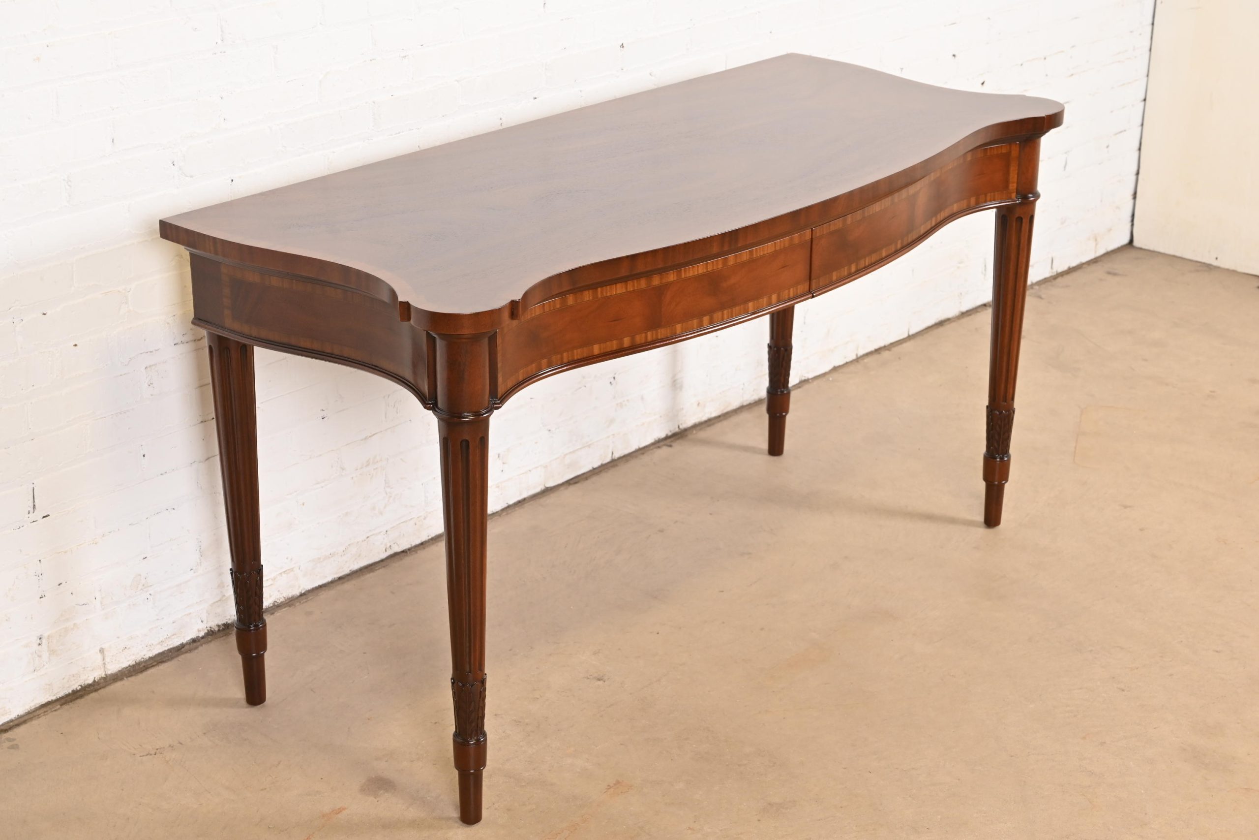 Arthur Brett & Sons English Regency Louis XVI Banded Mahogany Serpentine Sideboard Buffet or Console Table, Newly Refinished