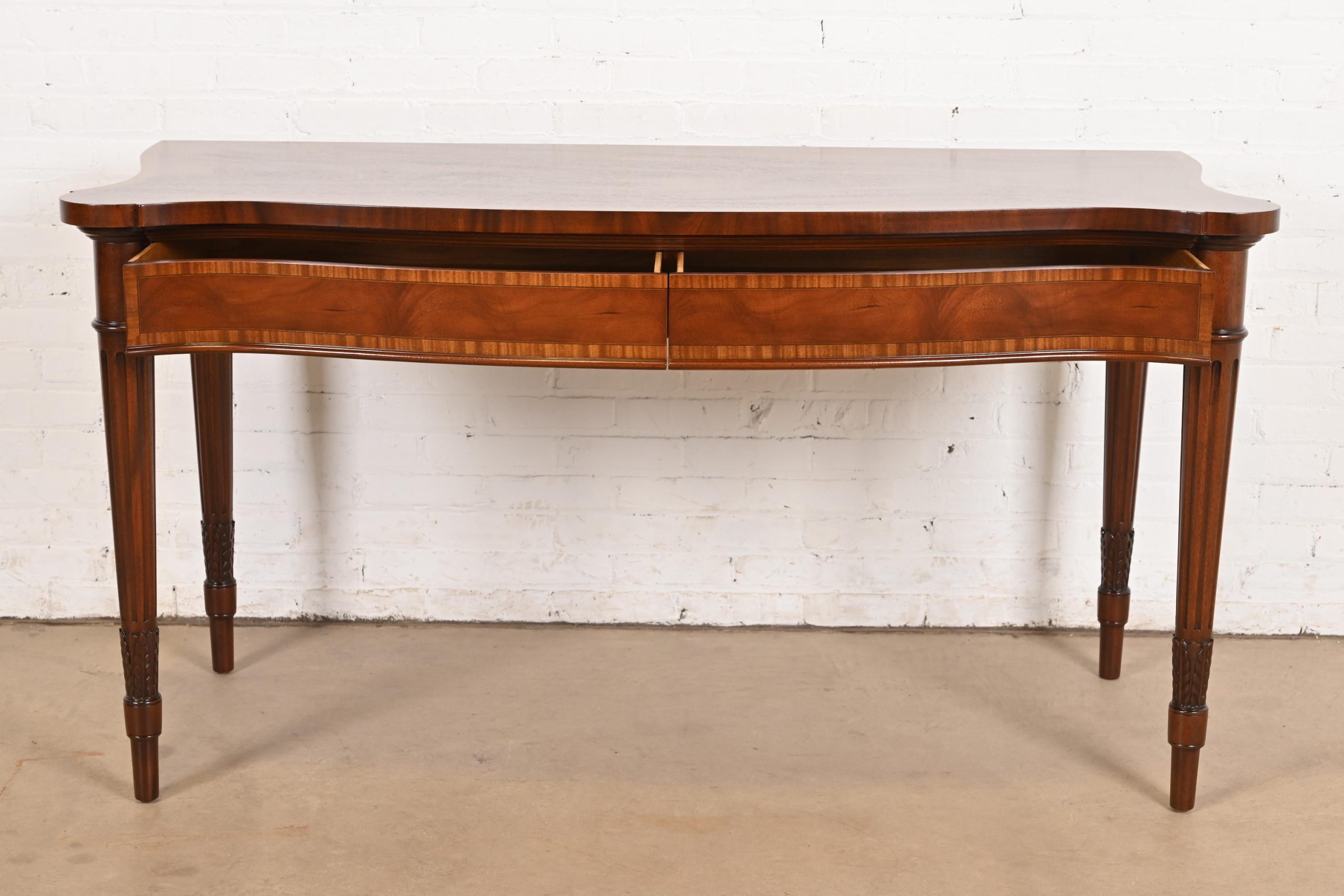 Arthur Brett & Sons English Regency Louis XVI Banded Mahogany Serpentine Sideboard Buffet or Console Table, Newly Refinished - Image 6