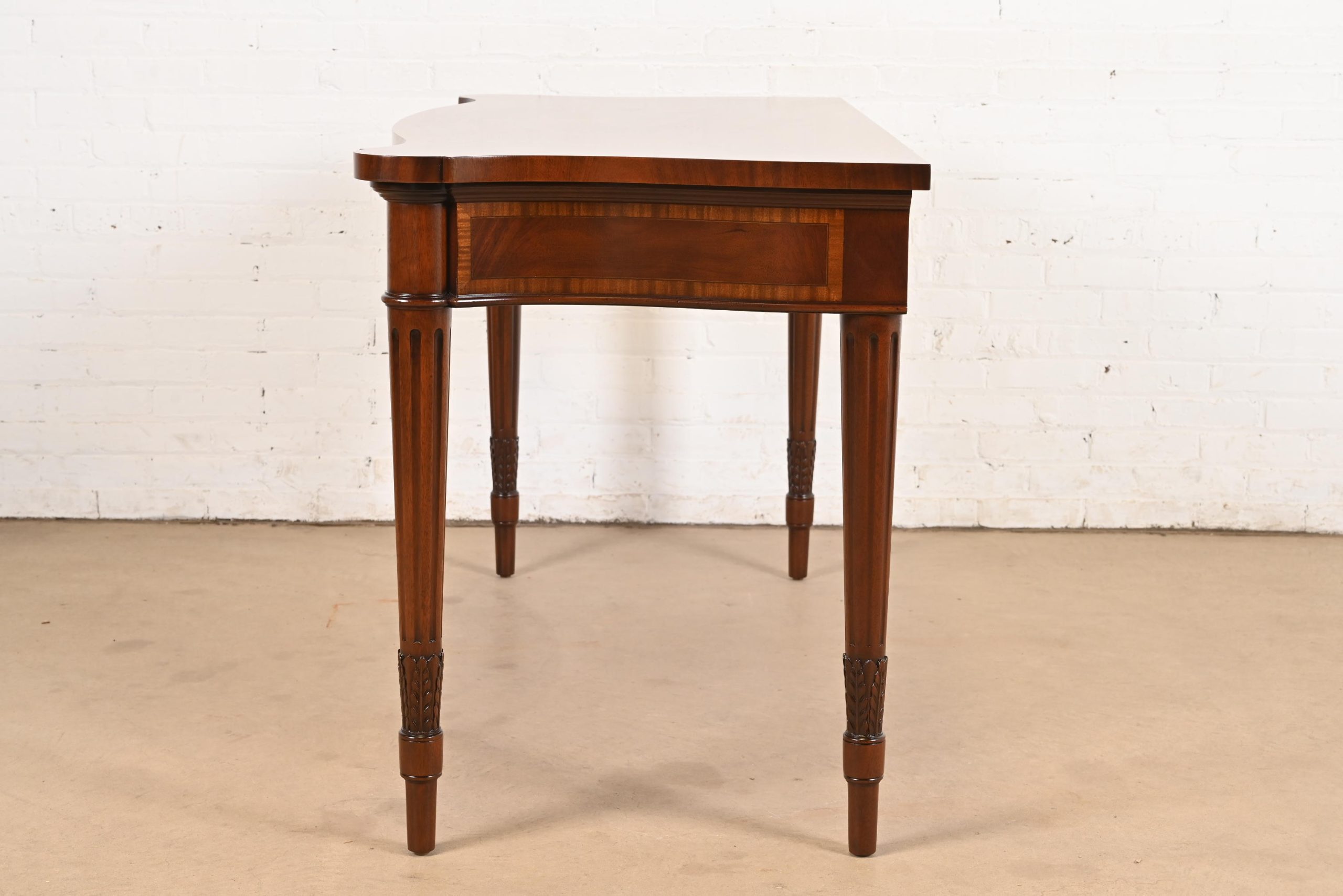 Arthur Brett & Sons English Regency Louis XVI Banded Mahogany Serpentine Sideboard Buffet or Console Table, Newly Refinished - Image 11