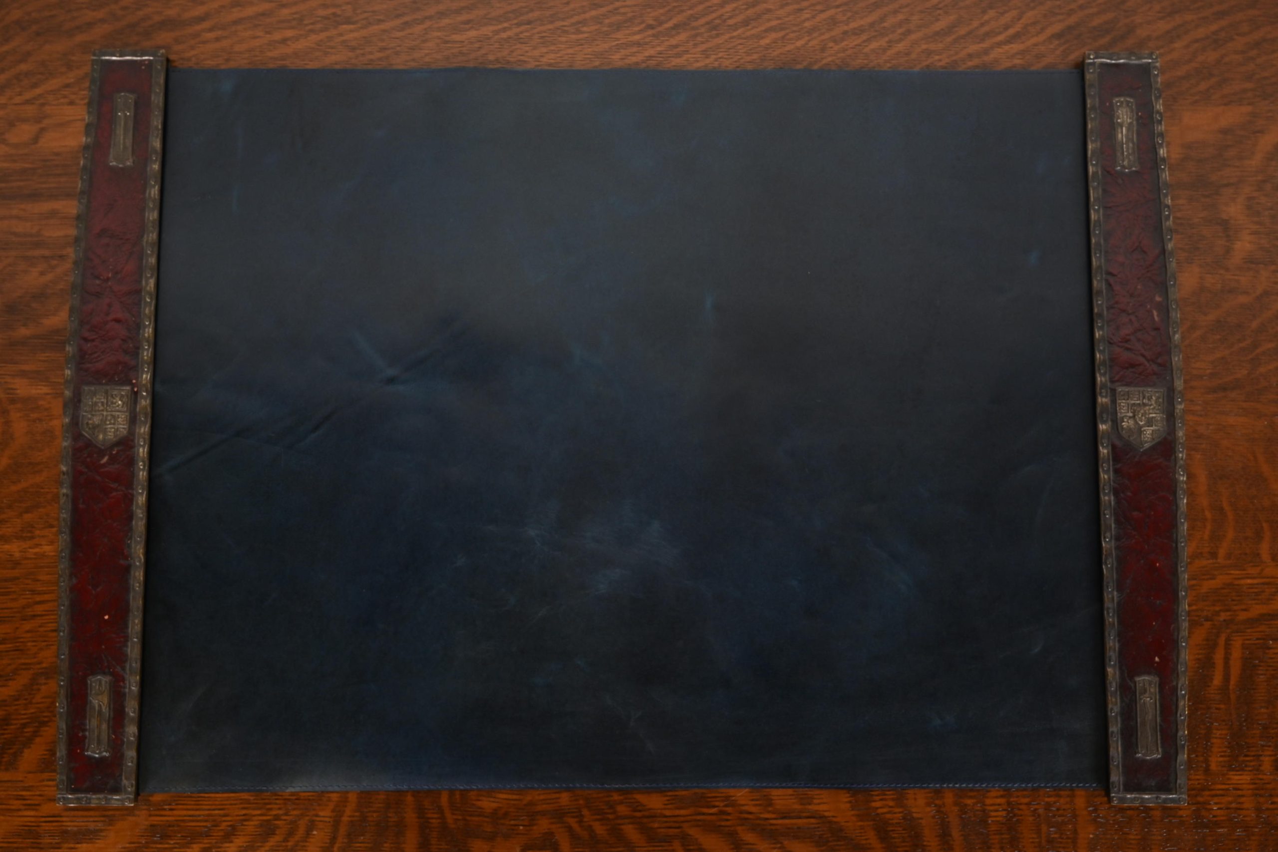 Tiffany Studios New York Heraldic Bronze Blotter Ends With Leather Desk Blotter