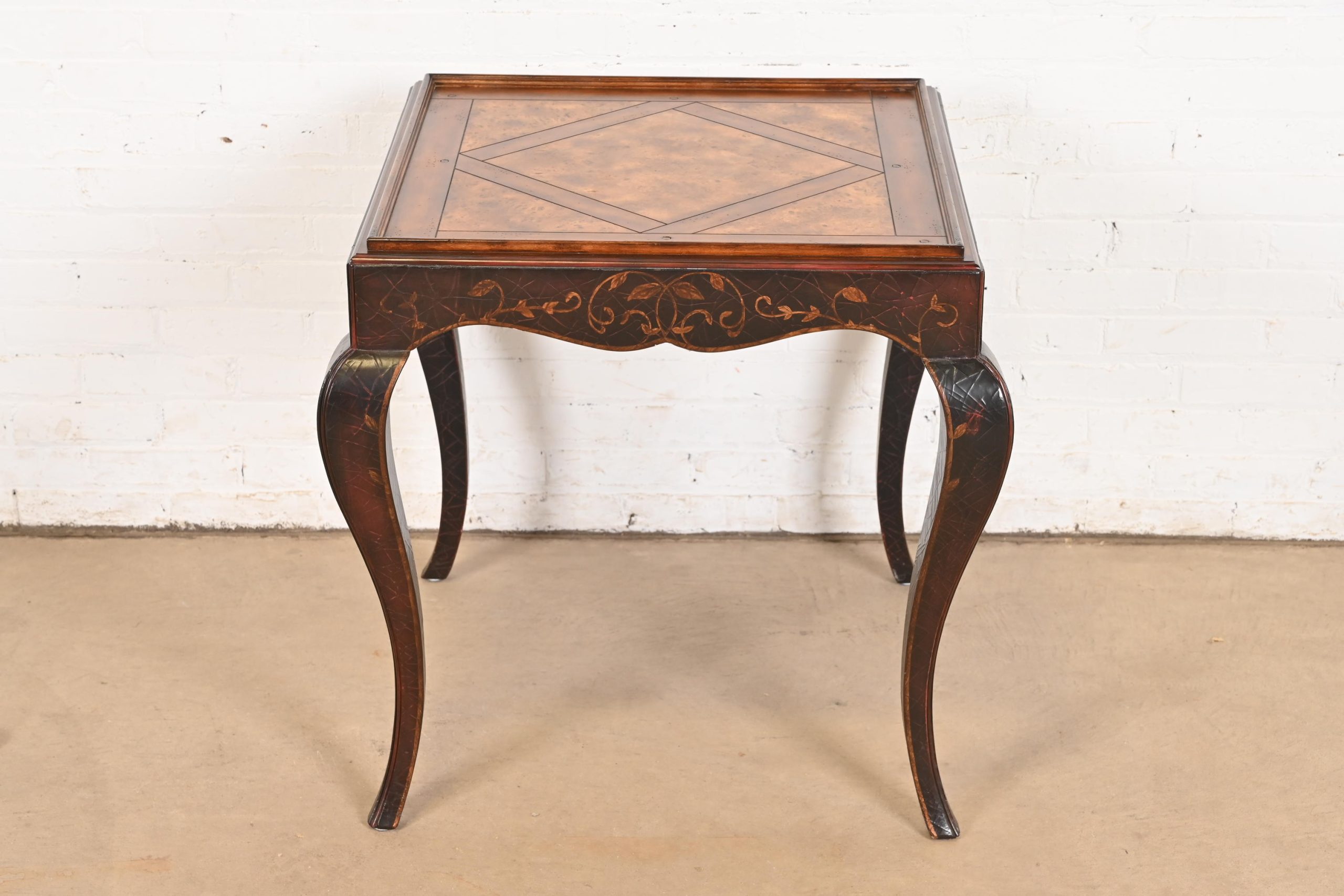 Baker Furniture French Provincial Louis XV Burl Wood and Walnut Parcel Painted Tea Table - Image 3