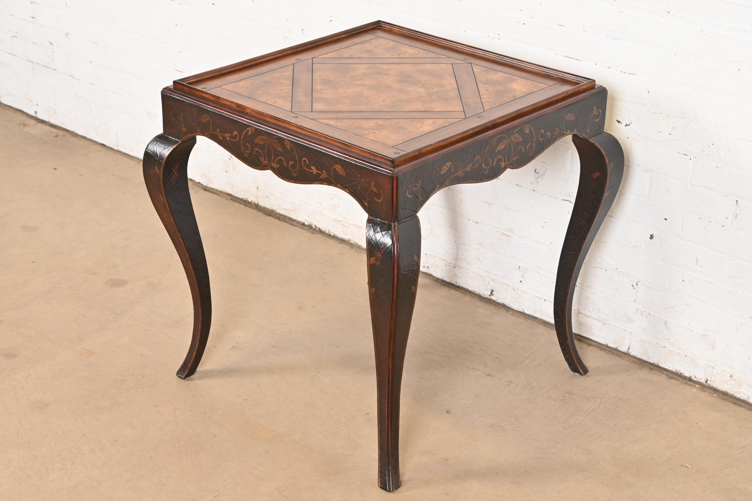 Baker Furniture French Provincial Louis XV Burl Wood and Walnut Parcel Painted Tea Table