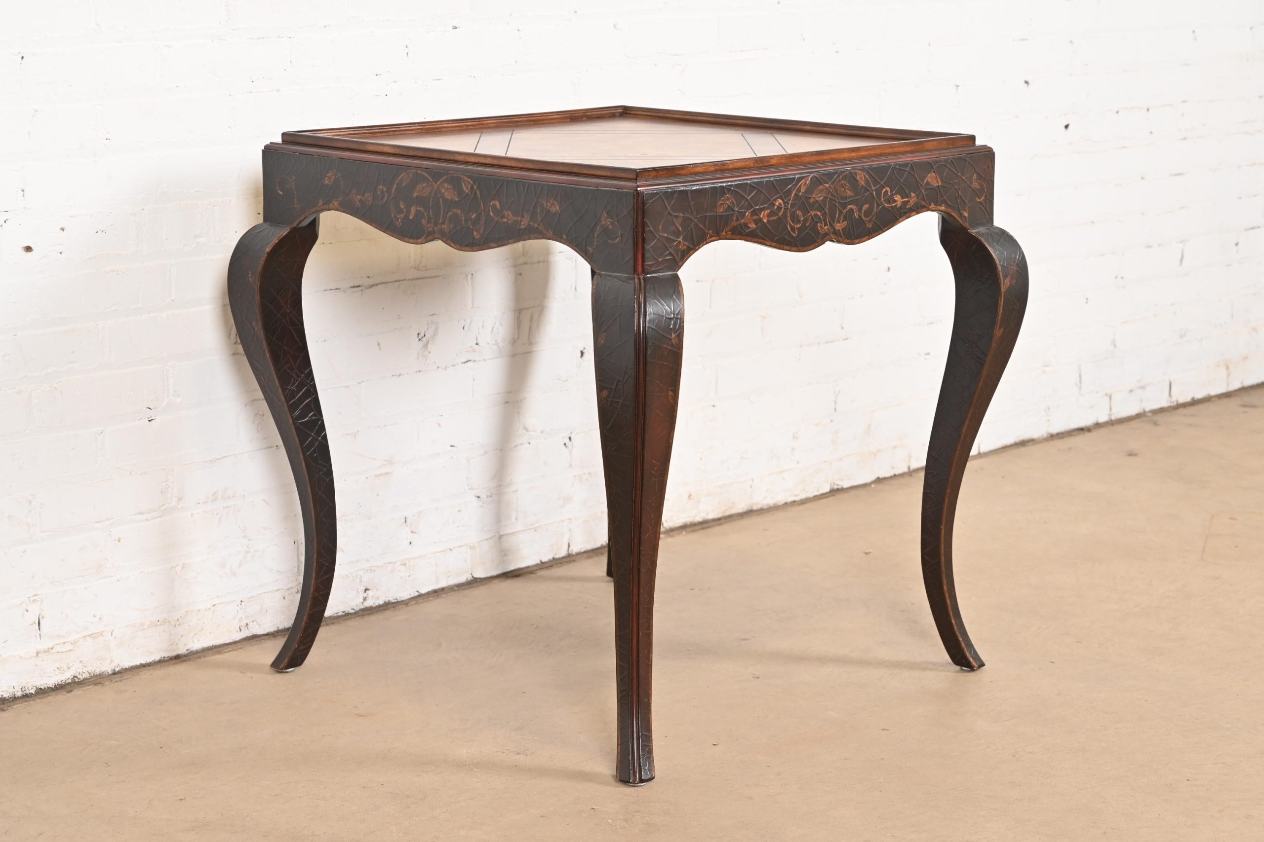Baker Furniture French Provincial Louis XV Burl Wood and Walnut Parcel Painted Tea Table - Image 4