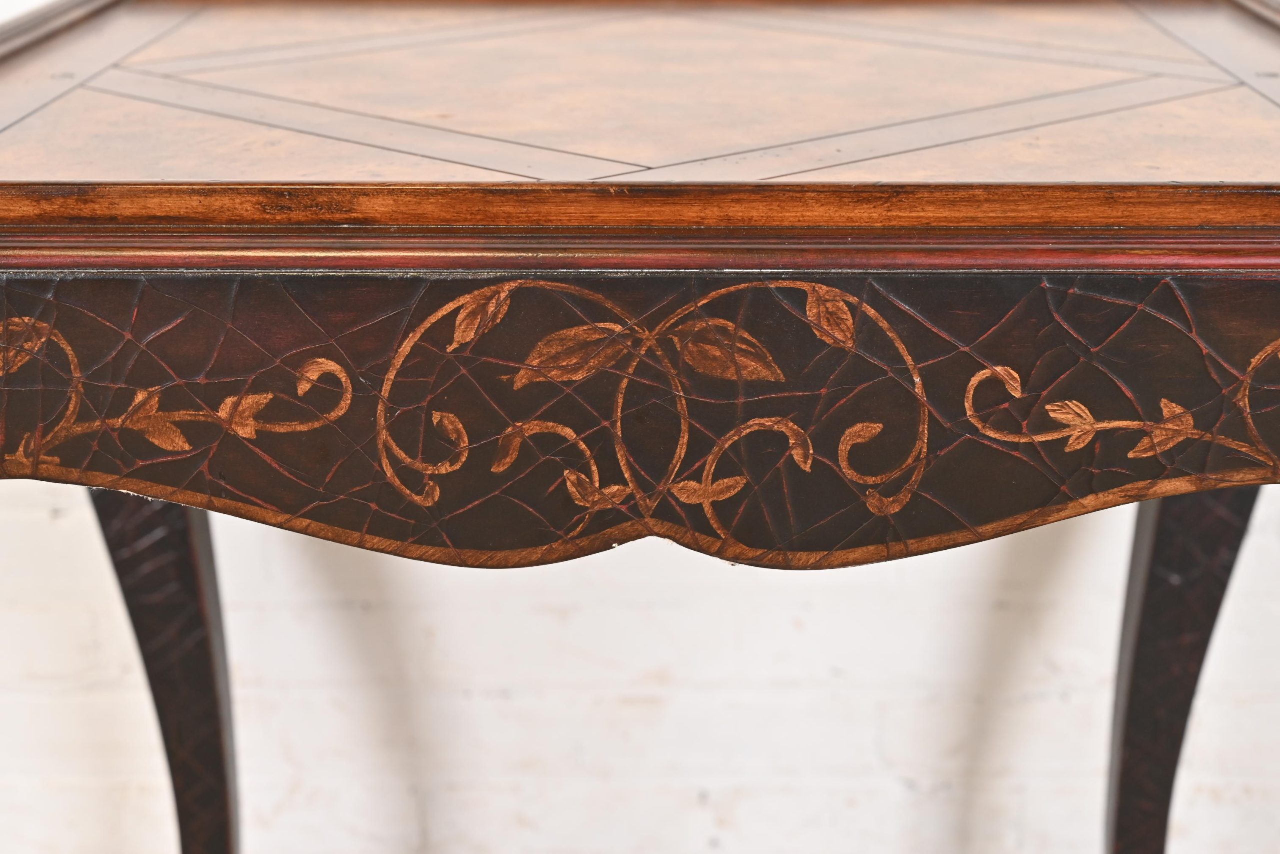 Baker Furniture French Provincial Louis XV Burl Wood and Walnut Parcel Painted Tea Table - Image 6
