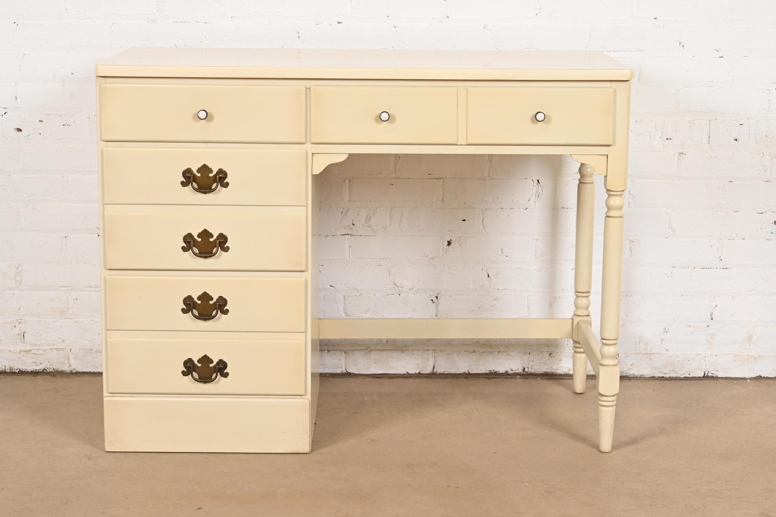 Ethan Allen American Carved Cream Lacquered Solid Maple Writing Desk, Circa 1970s - Image 2