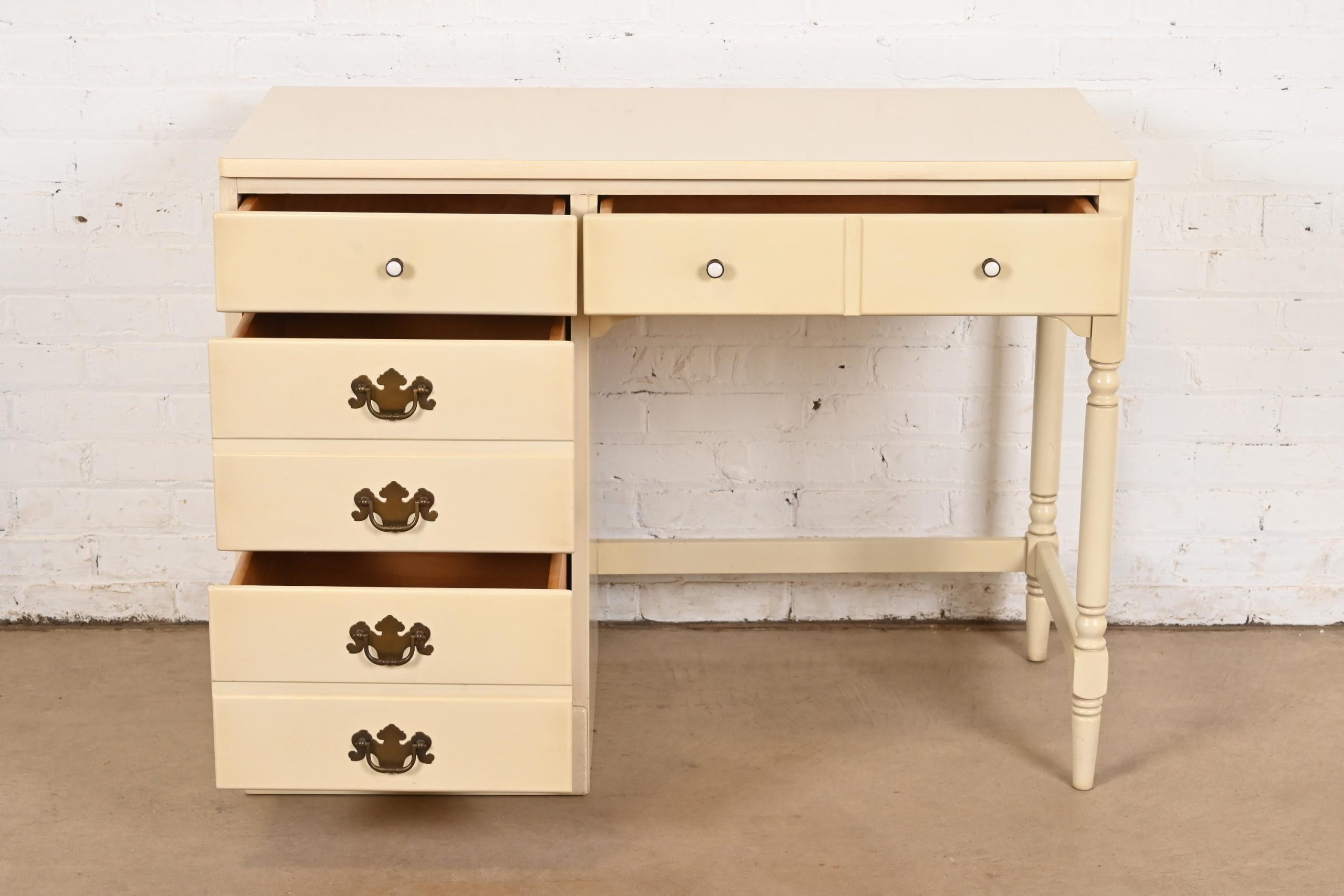 Ethan Allen American Carved Cream Lacquered Solid Maple Writing Desk, Circa 1970s - Image 5
