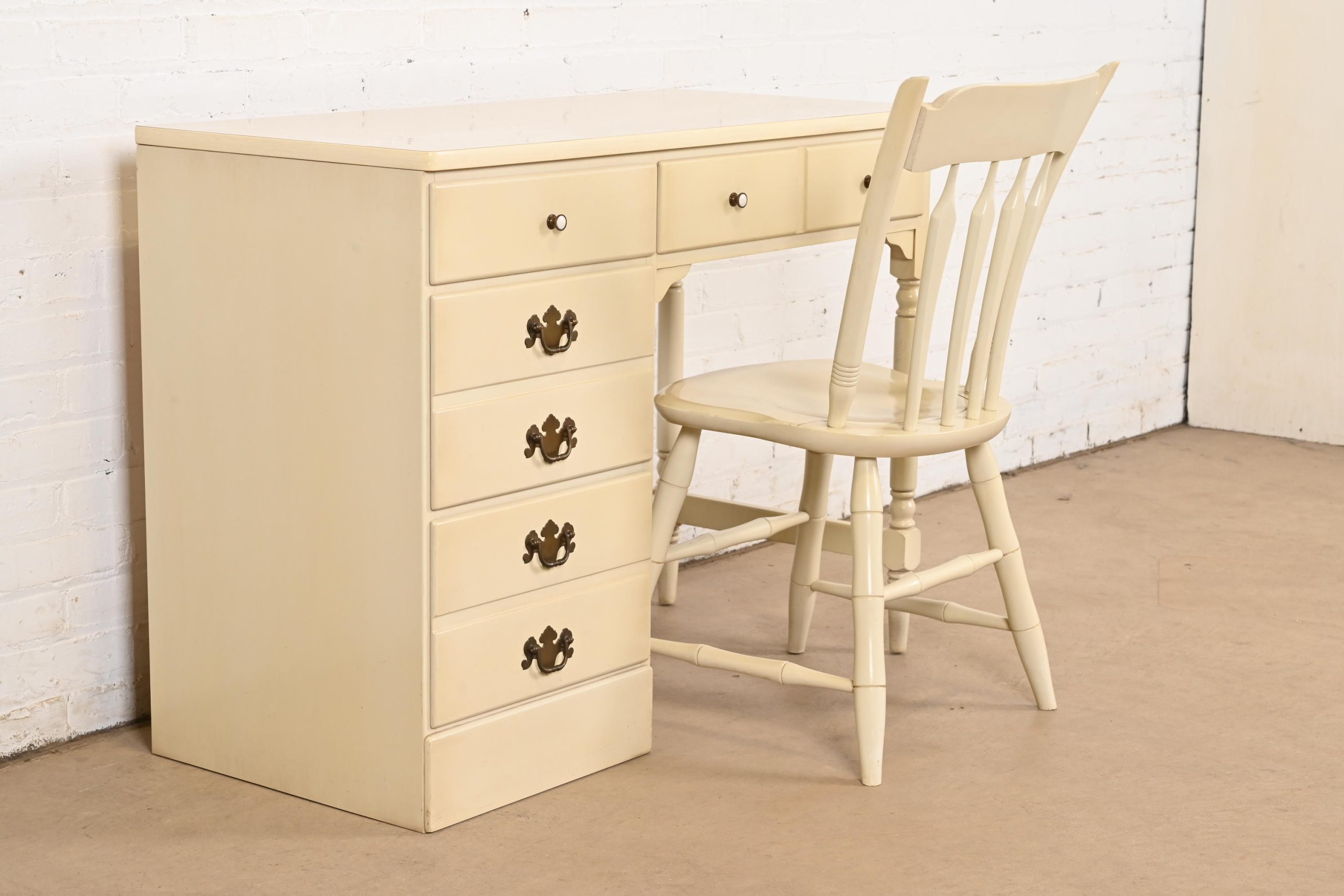 Ethan Allen American Carved Cream Lacquered Solid Maple Writing Desk, Circa 1970s - Image 11