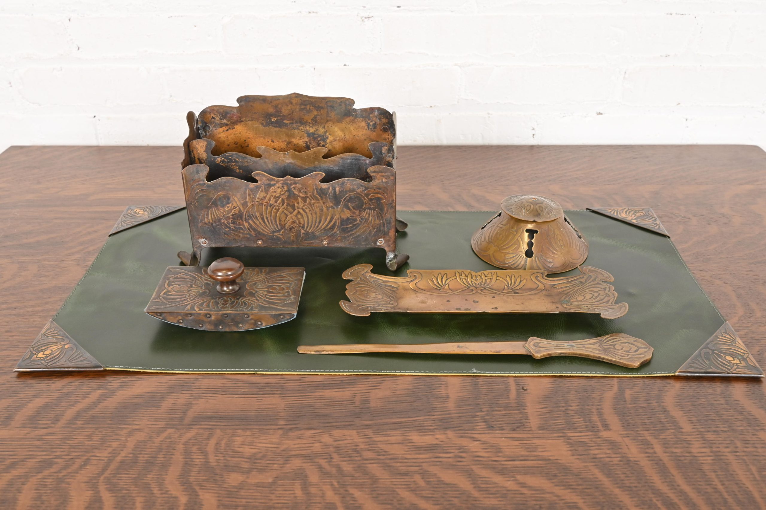 Art Crafts Shop Hammered Copper Six-Piece Desk Set, Circa 1905 - Image 2