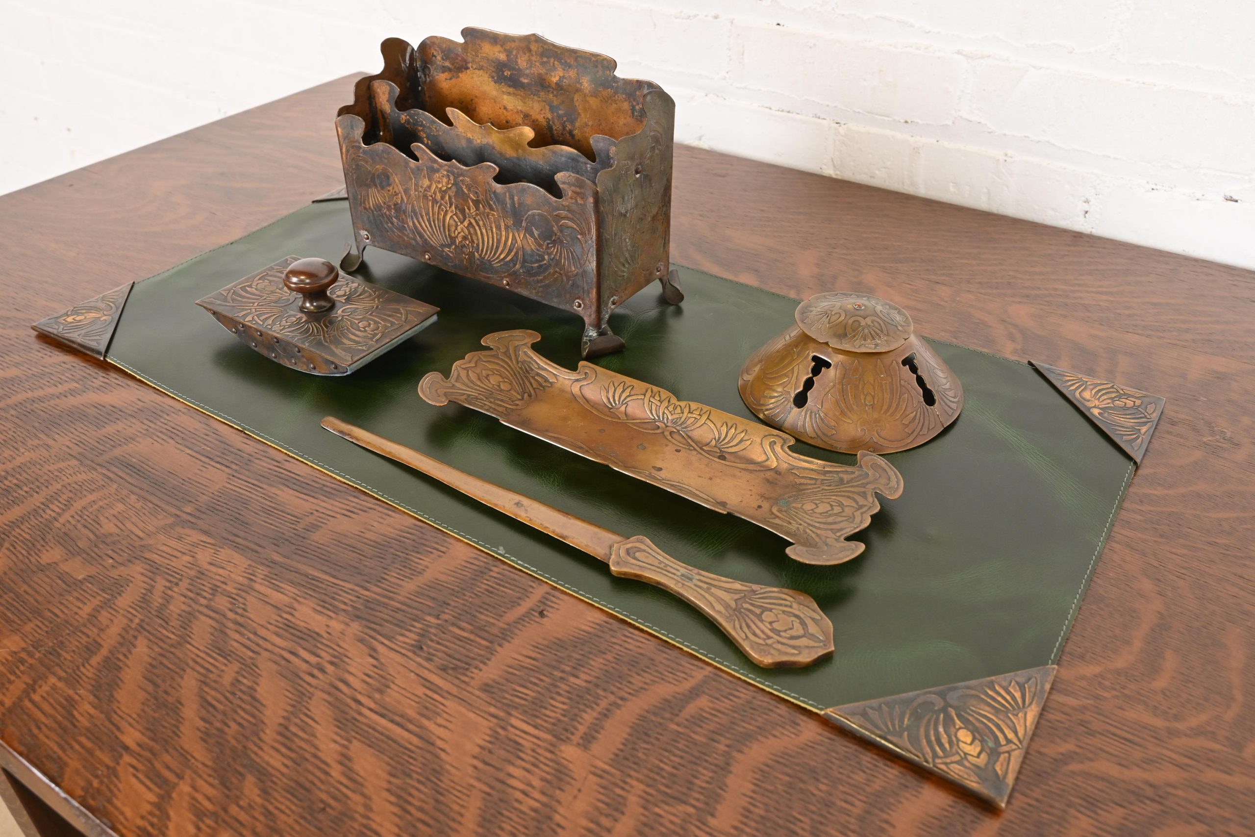 Art Crafts Shop Hammered Copper Six-Piece Desk Set, Circa 1905