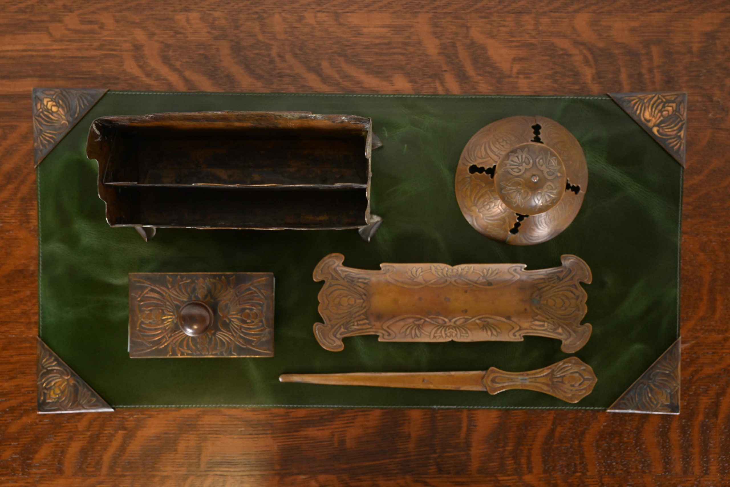 Art Crafts Shop Hammered Copper Six-Piece Desk Set, Circa 1905 - Image 3