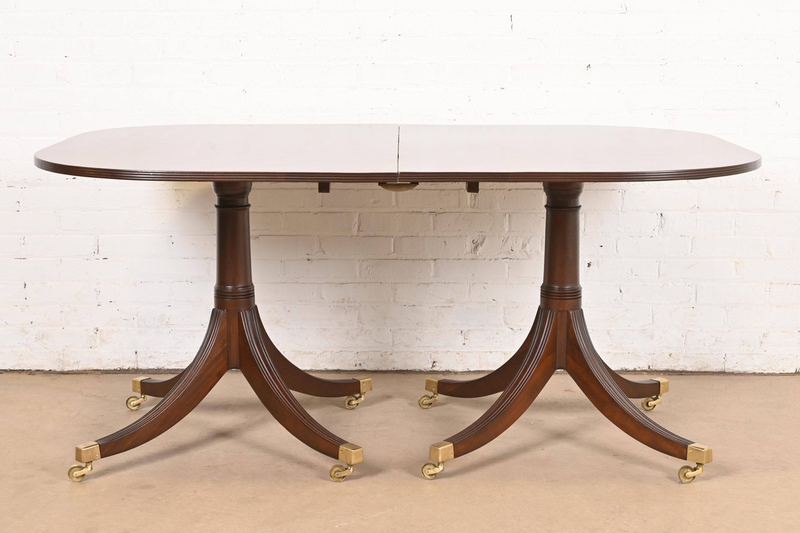 Baker Furniture Style Georgian Mahogany Double Pedestal Extension Dining Table, Newly Refinished - Image 6