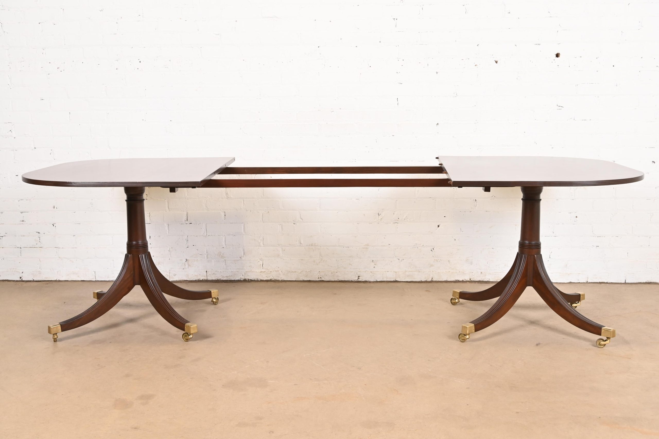 Baker Furniture Style Georgian Mahogany Double Pedestal Extension Dining Table, Newly Refinished - Image 4