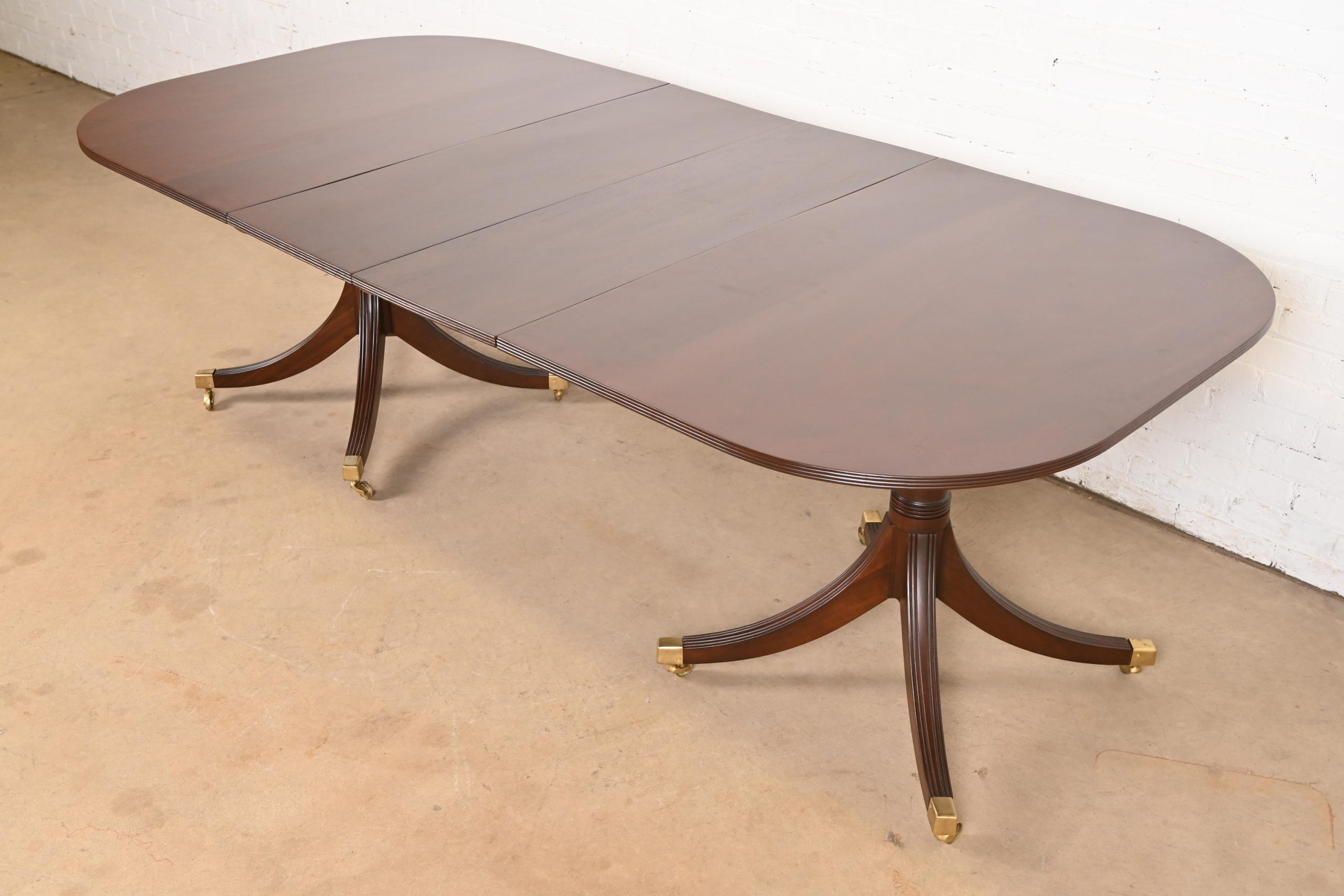 Baker Furniture Style Georgian Mahogany Double Pedestal Extension Dining Table, Newly Refinished