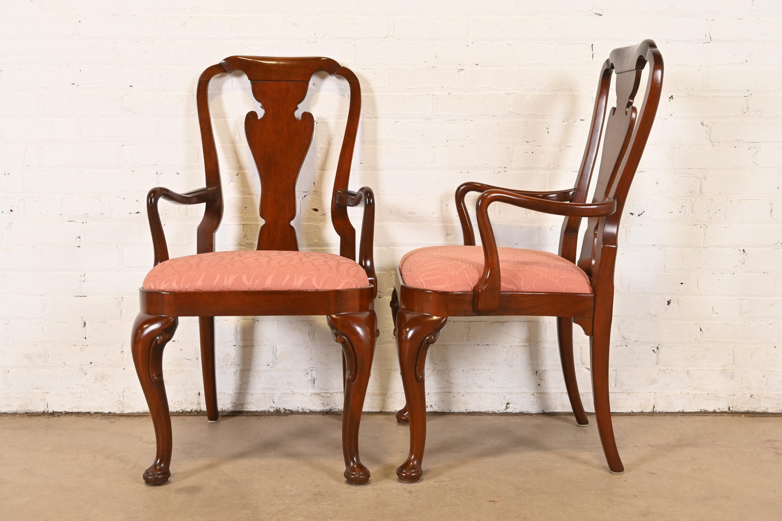 Baker Furniture Queen Anne Carved Mahogany Armchairs or Dining Captain Chairs, Pair - Image 7