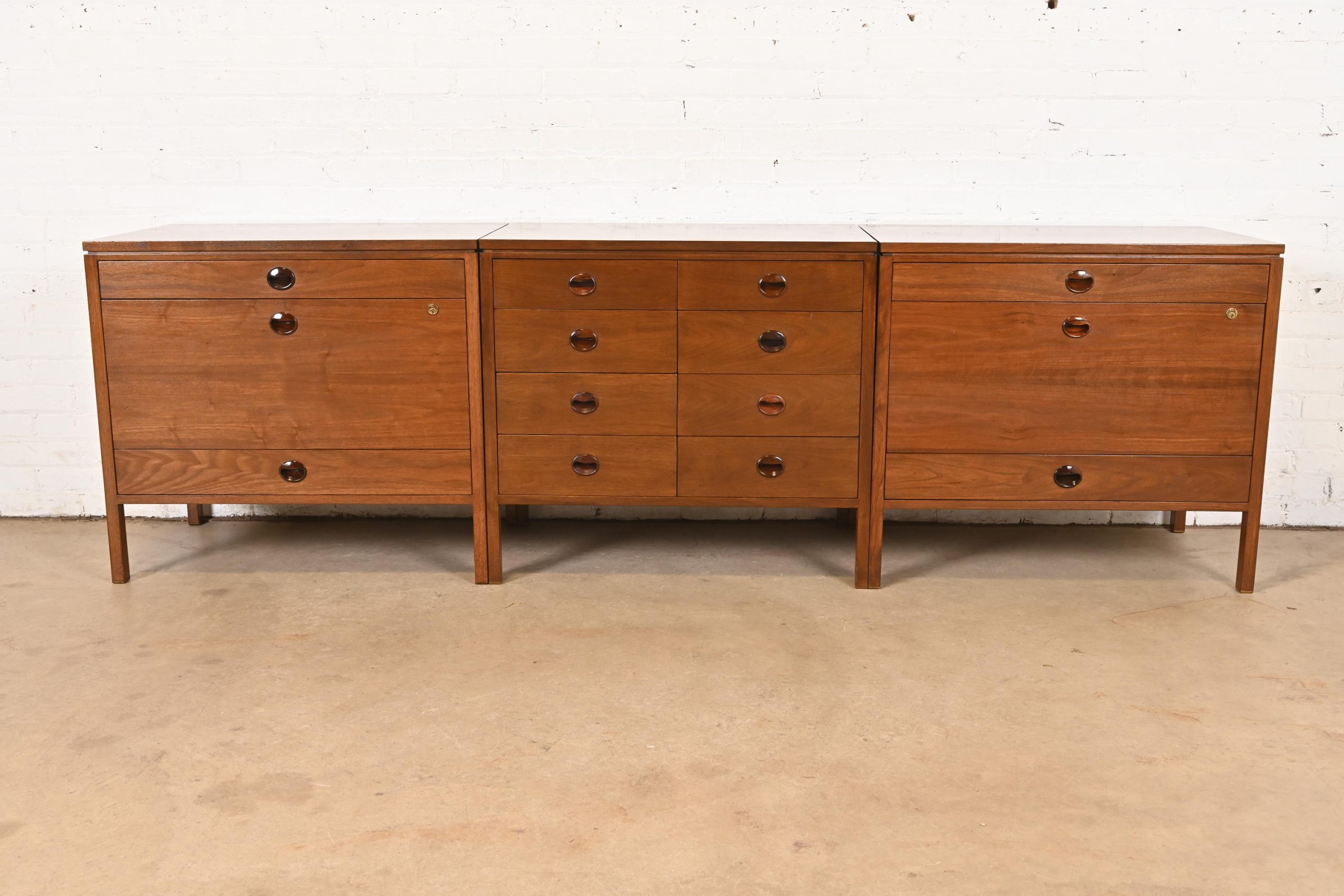 Edward Wormley for Dunbar Mid-Century Modern Walnut and Rosewood Three-Piece Executive Credenza, Circa 1960s
