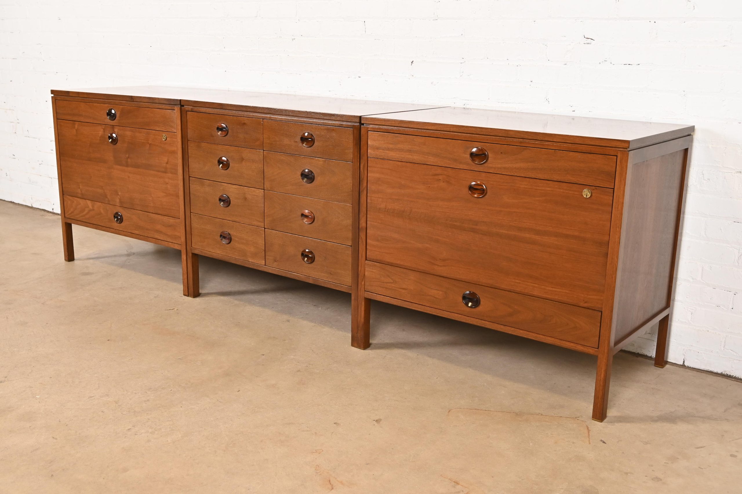 Edward Wormley for Dunbar Mid-Century Modern Walnut and Rosewood Three-Piece Executive Credenza, Circa 1960s - Image 3