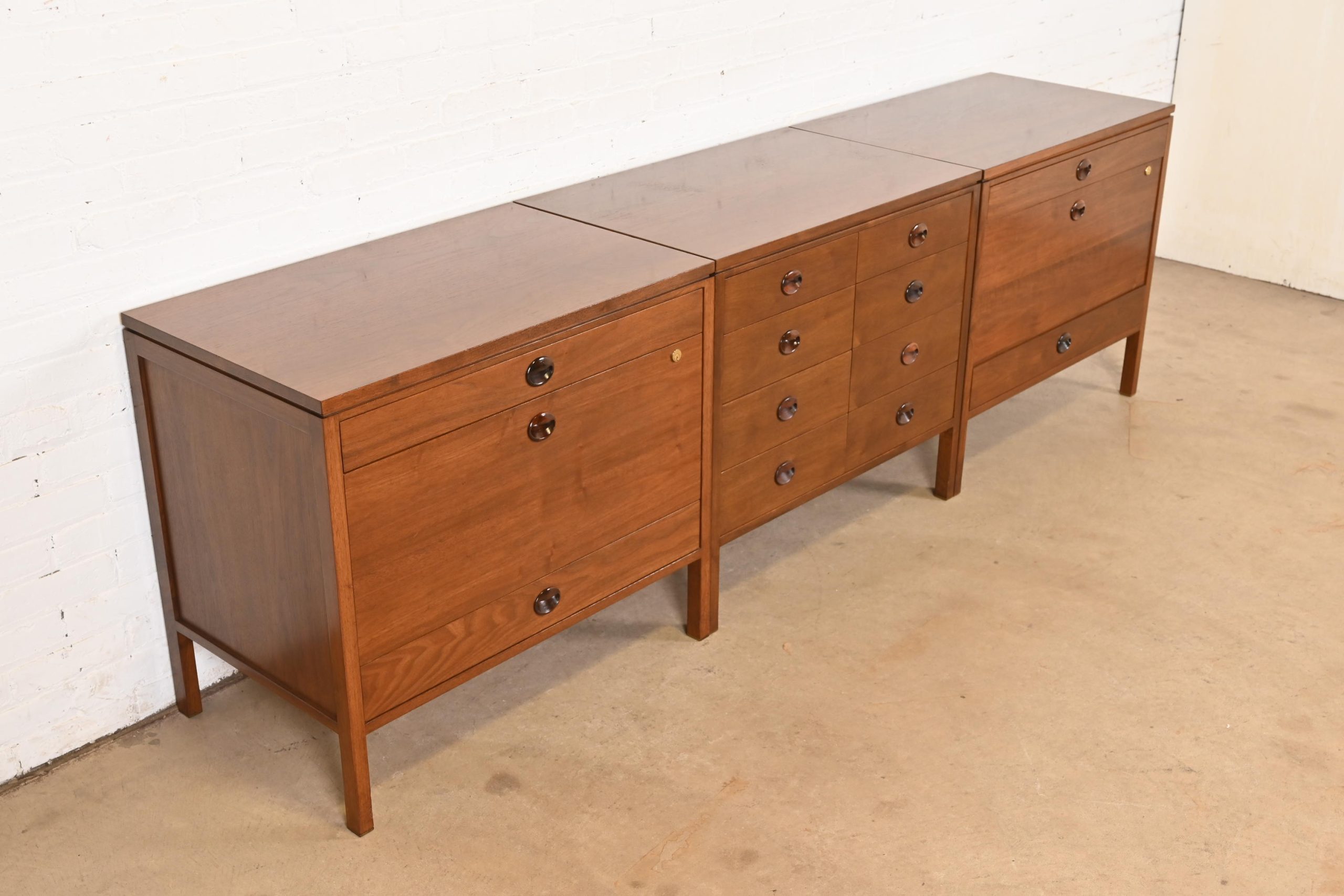 Edward Wormley for Dunbar Mid-Century Modern Walnut and Rosewood Three-Piece Executive Credenza, Circa 1960s - Image 4