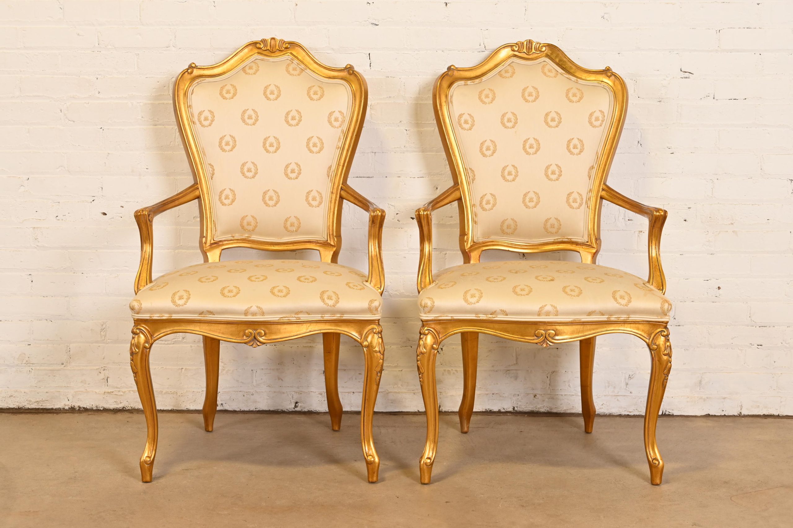 Karges French Provincial Louis XV Carved Walnut and Gold Gilt Armchairs or Dining Chairs, Pair