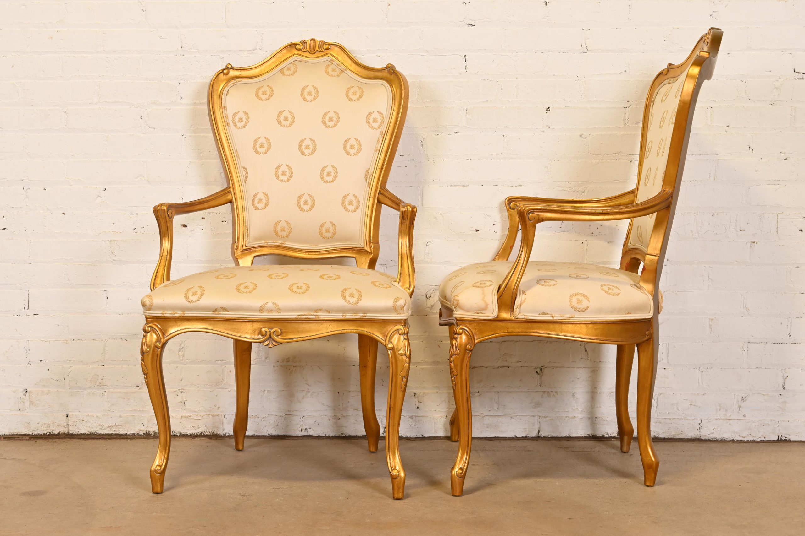 Karges French Provincial Louis XV Carved Walnut and Gold Gilt Armchairs or Dining Chairs, Pair - Image 7