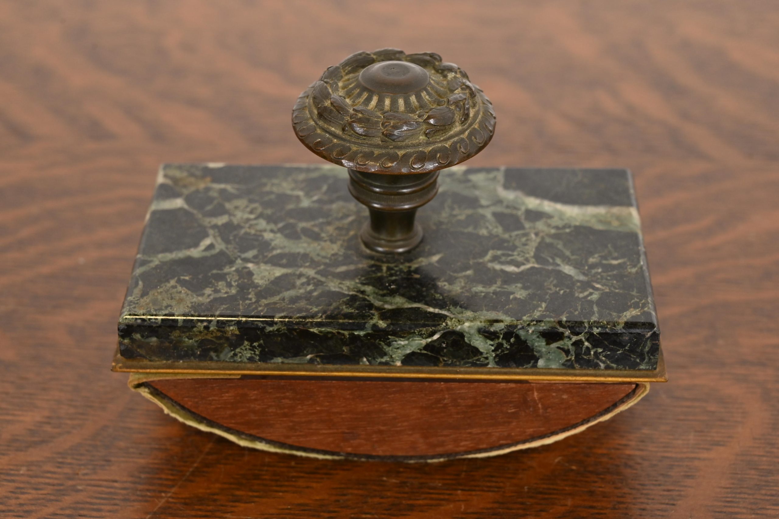 Tiffany & Co. Style Antique Empire Marble Rocker Blotter With Brass Laurel Wreath Handle - Image 4