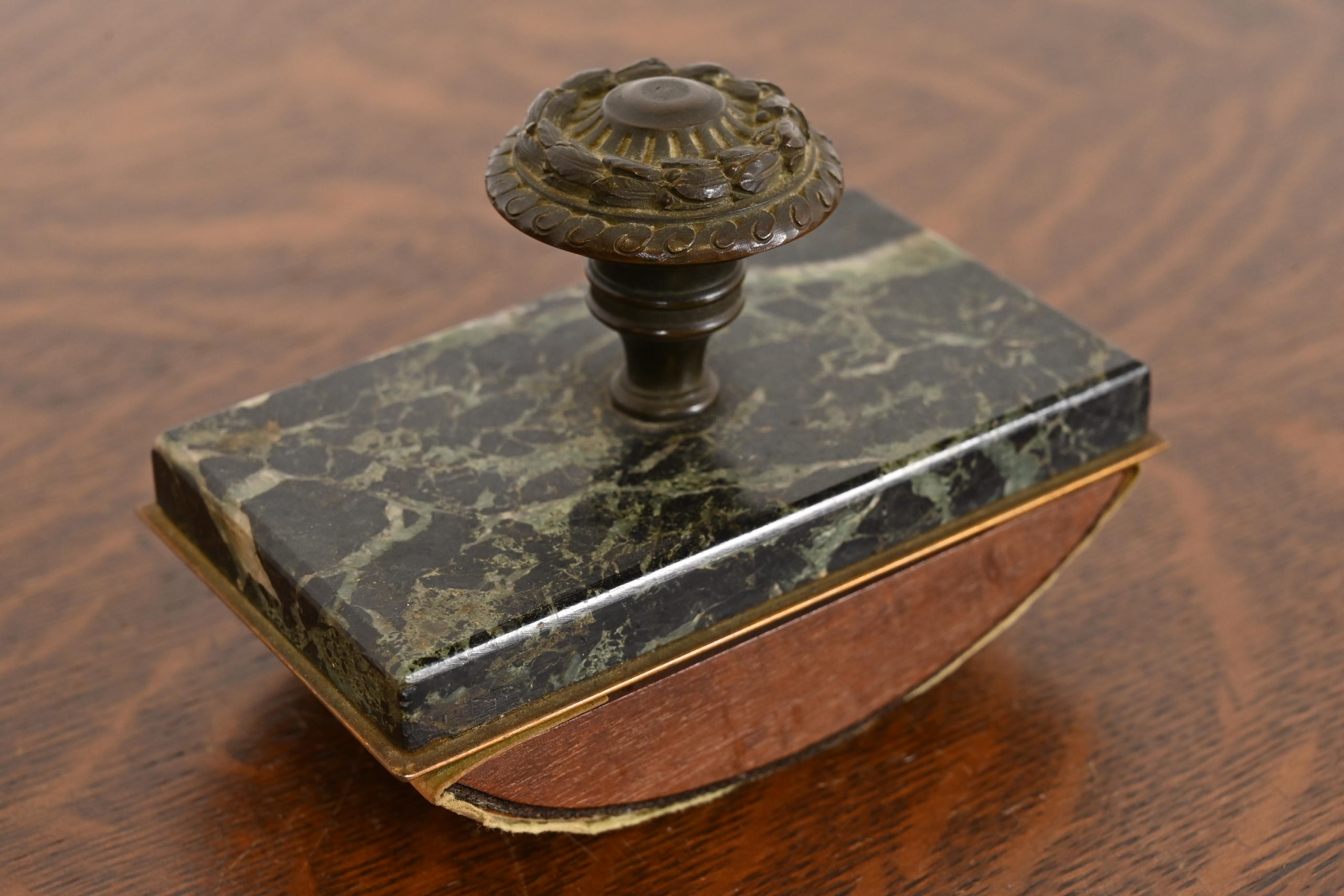 Tiffany & Co. Style Antique Empire Marble Rocker Blotter With Brass Laurel Wreath Handle