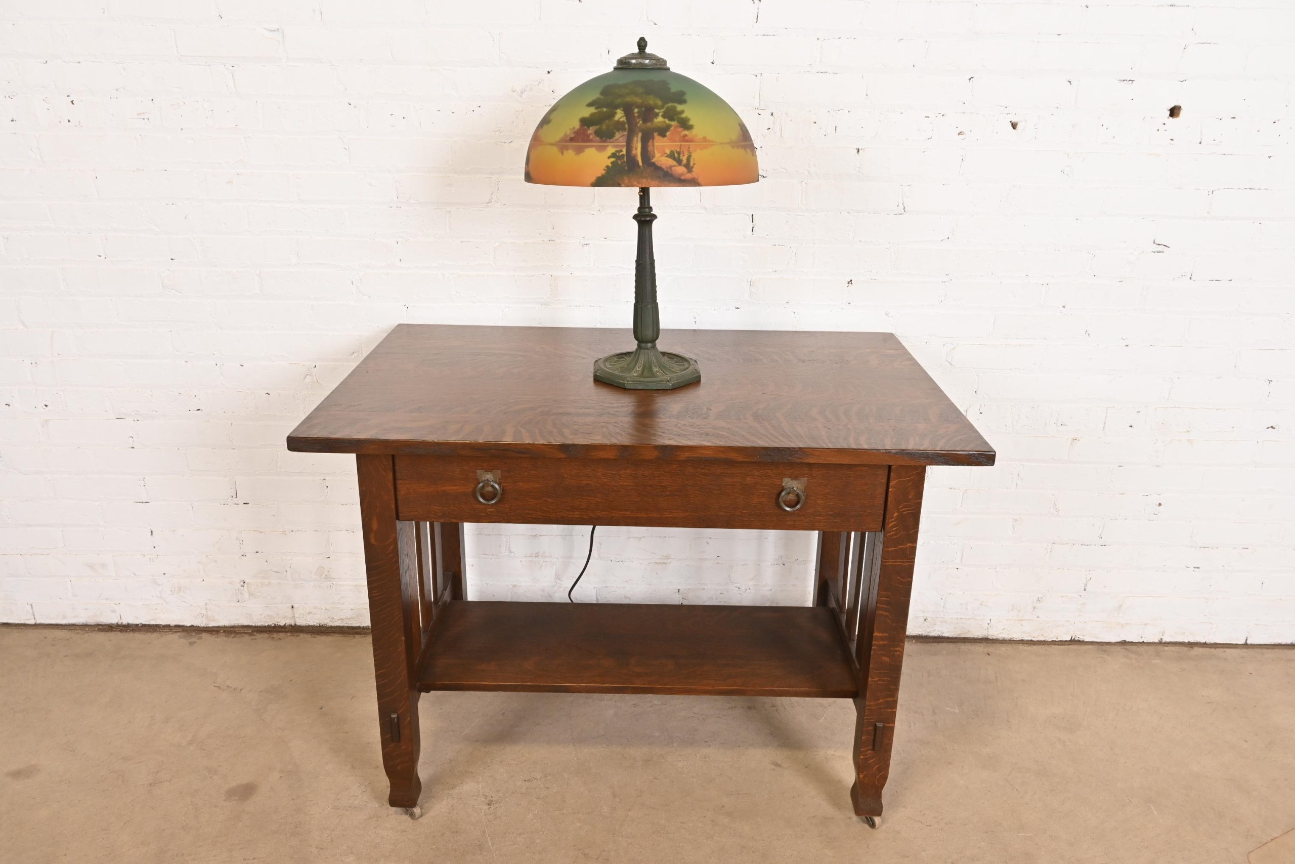 Antique Arts & Crafts Table Lamp With Reverse Painted Lake Scene, Circa 1920s - Image 12