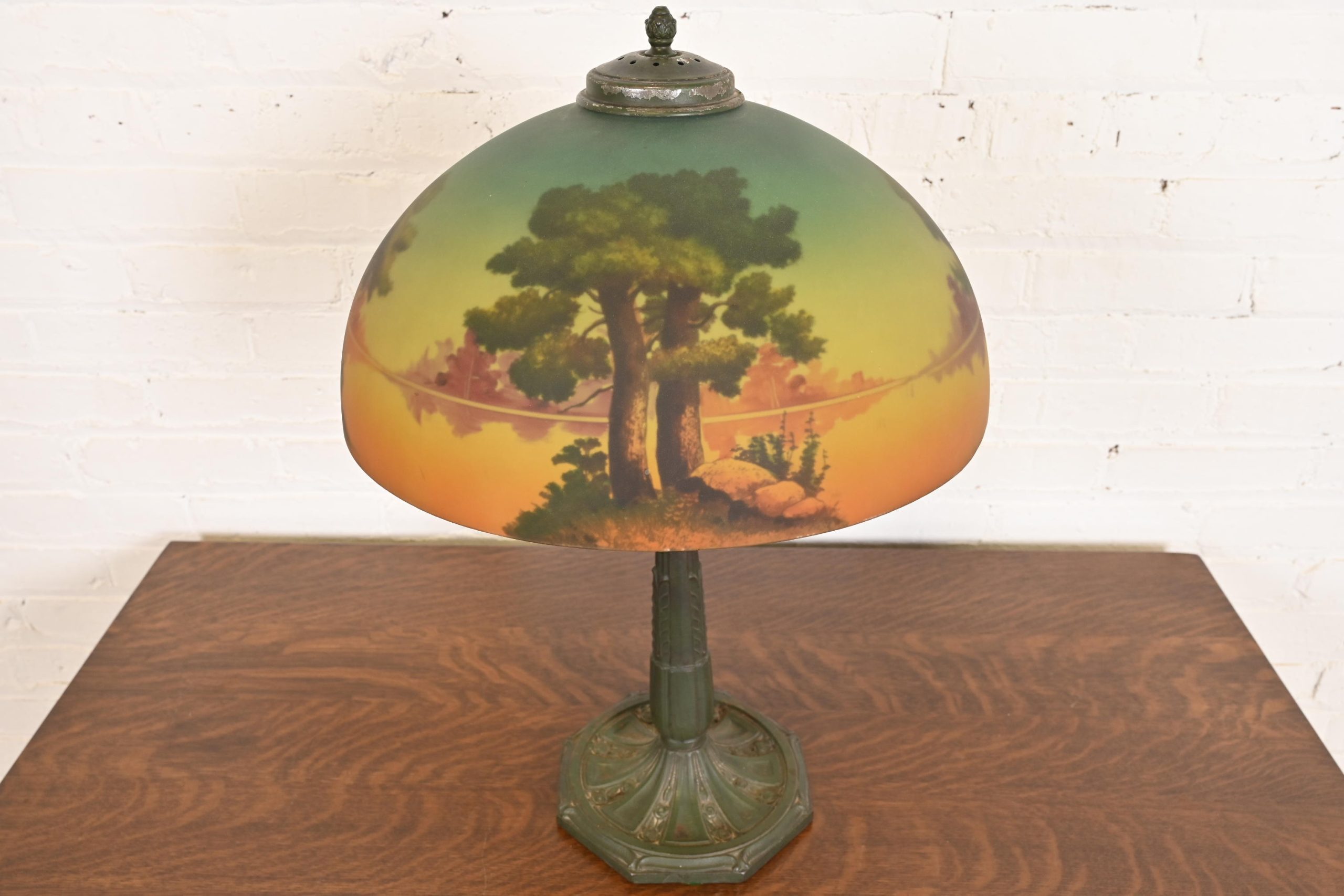 Antique Arts & Crafts Table Lamp With Reverse Painted Lake Scene, Circa 1920s - Image 2