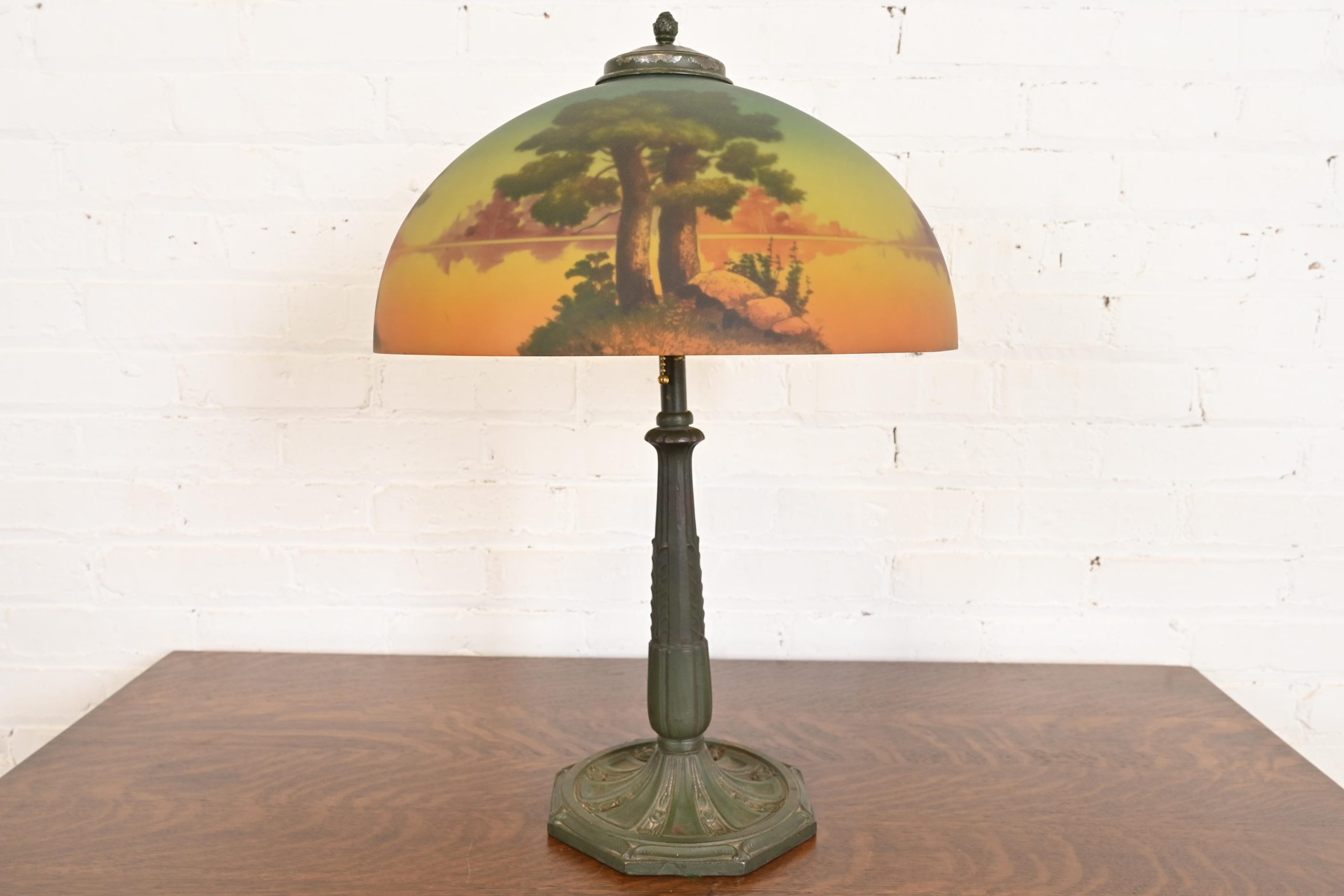 Antique Arts & Crafts Table Lamp With Reverse Painted Lake Scene, Circa 1920s