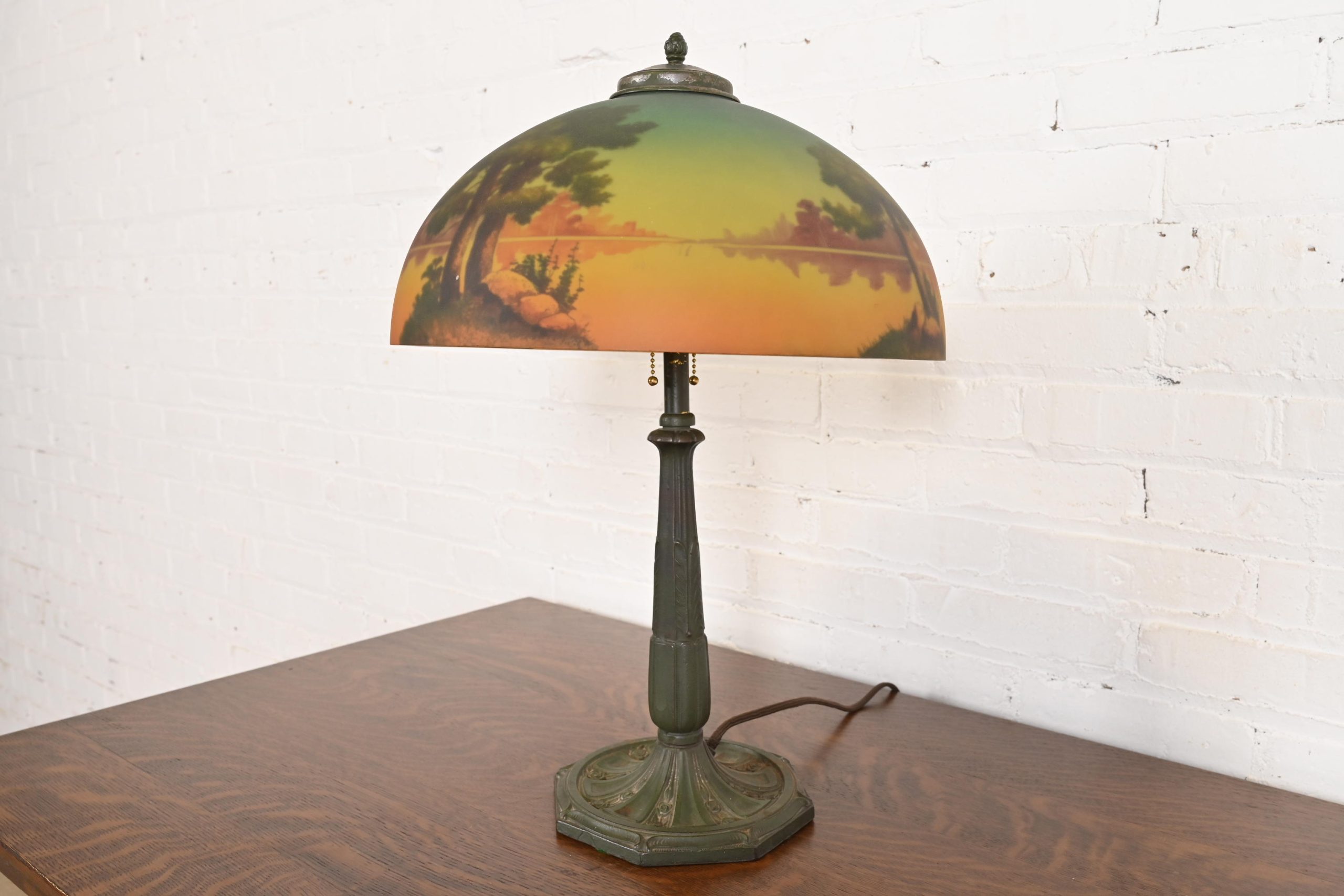 Antique Arts & Crafts Table Lamp With Reverse Painted Lake Scene, Circa 1920s - Image 3