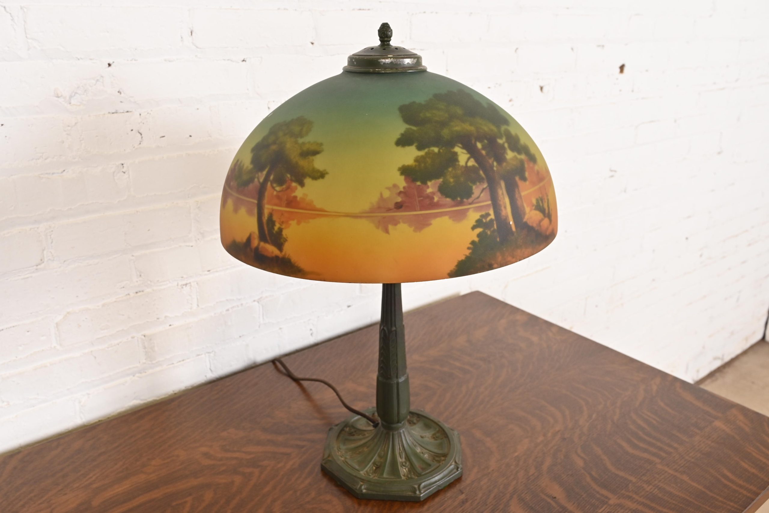 Antique Arts & Crafts Table Lamp With Reverse Painted Lake Scene, Circa 1920s - Image 4