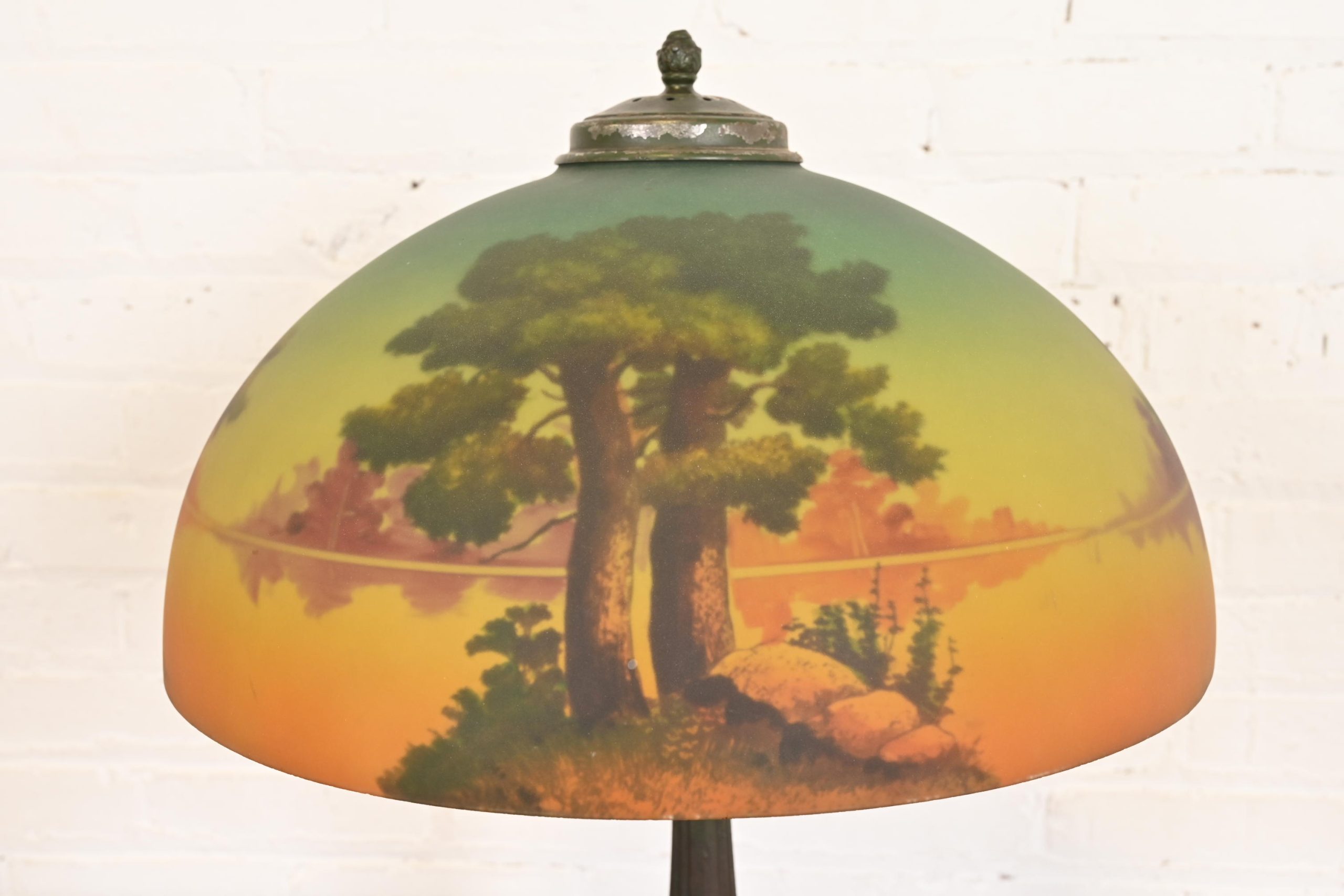 Antique Arts & Crafts Table Lamp With Reverse Painted Lake Scene, Circa 1920s - Image 8