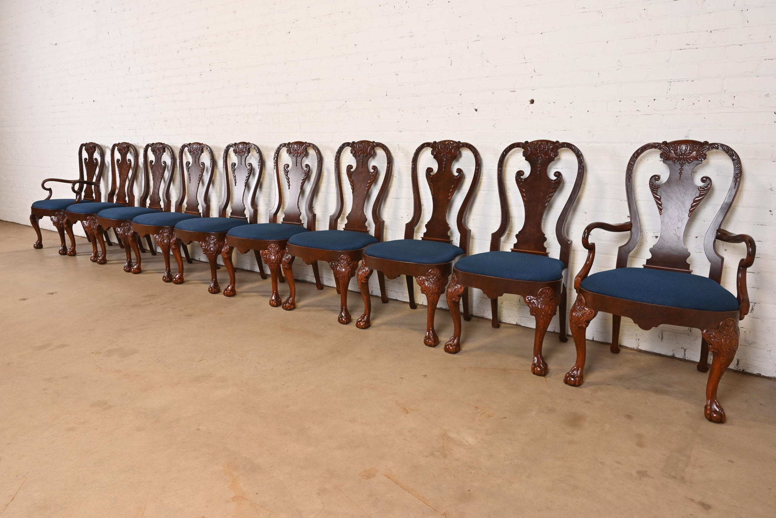 Baker Furniture Stately Homes Gerogian Carved Burled Walnut Armchairs or Dining Captain Chairs, Newly Refinished - Image 11