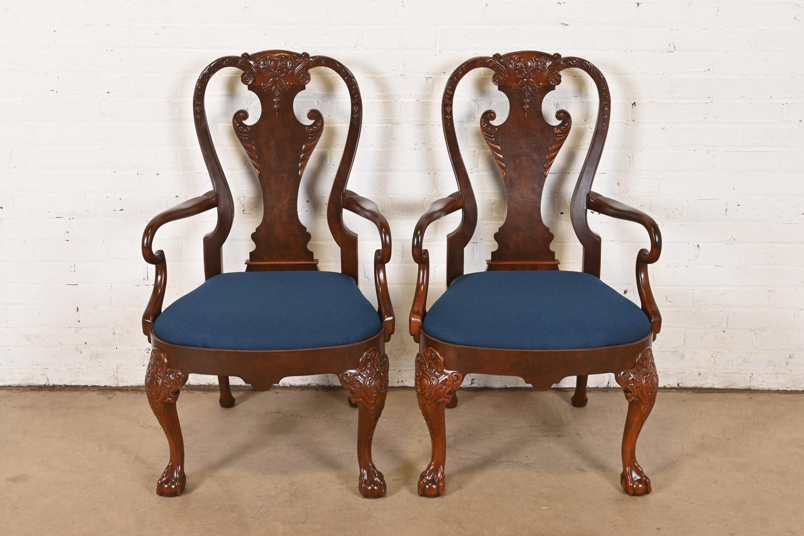 Baker Furniture Stately Homes Gerogian Carved Burled Walnut Armchairs or Dining Captain Chairs, Newly Refinished - Image 2