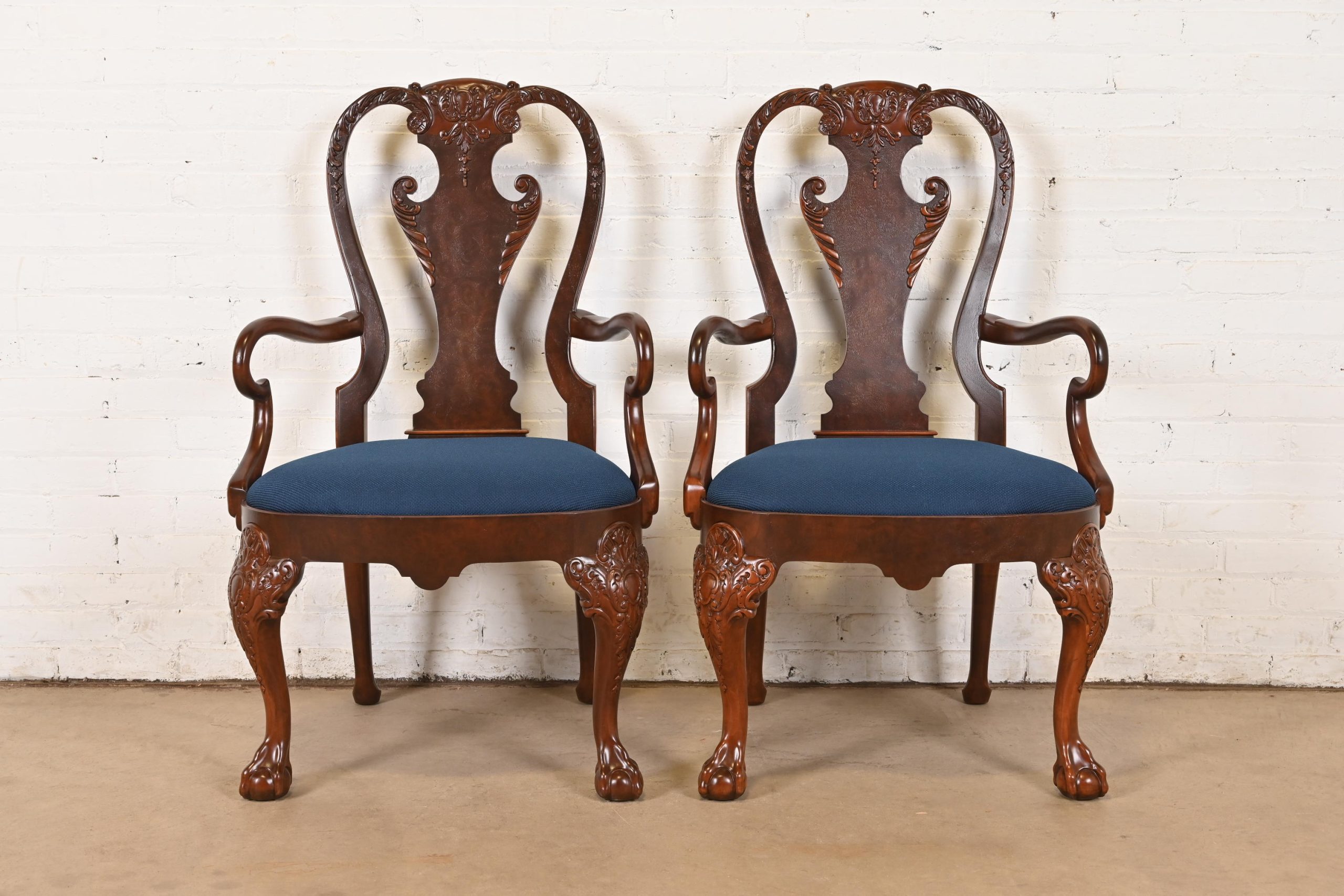 Baker Furniture Stately Homes Gerogian Carved Burled Walnut Armchairs or Dining Captain Chairs, Newly Refinished