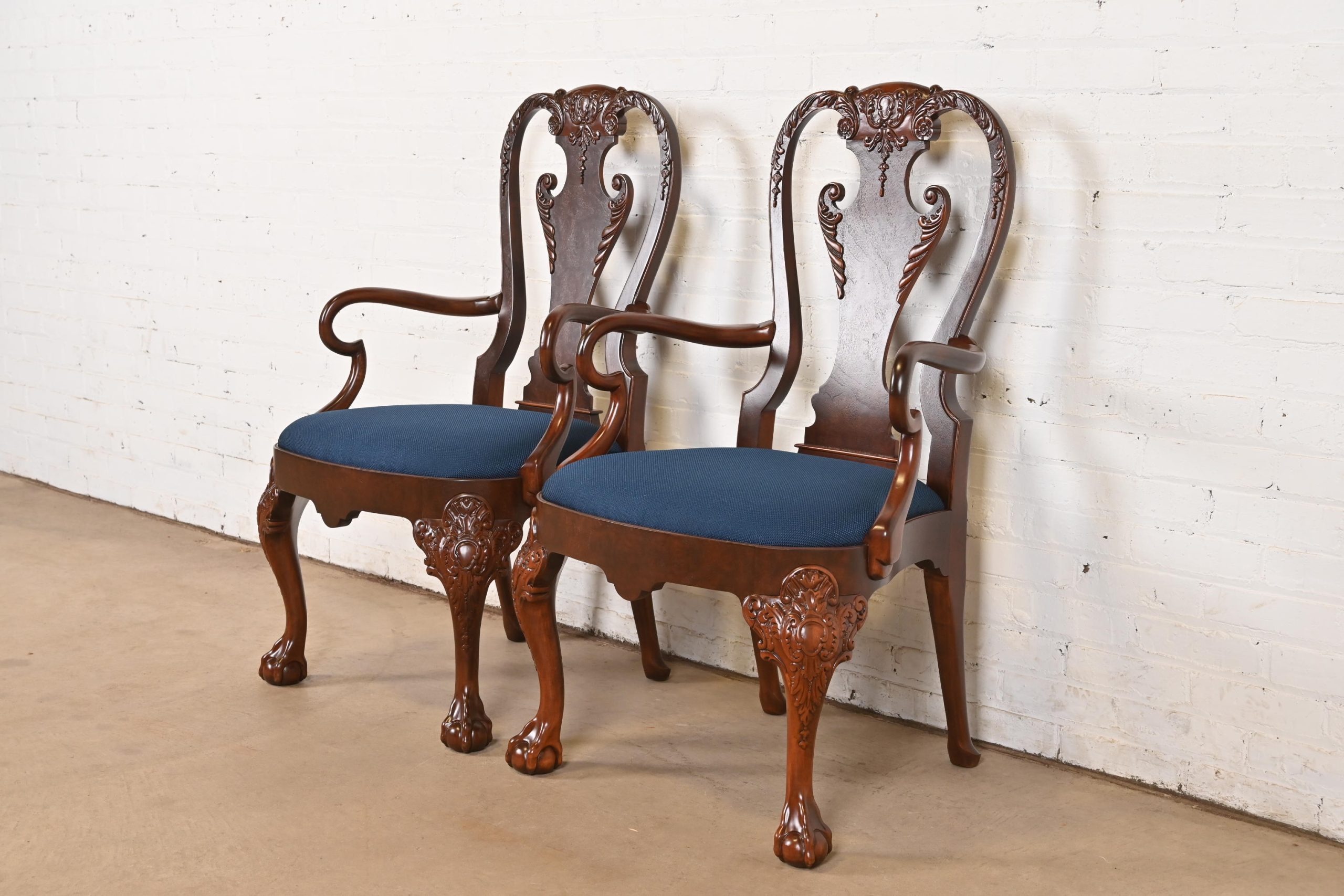 Baker Furniture Stately Homes Gerogian Carved Burled Walnut Armchairs or Dining Captain Chairs, Newly Refinished - Image 3