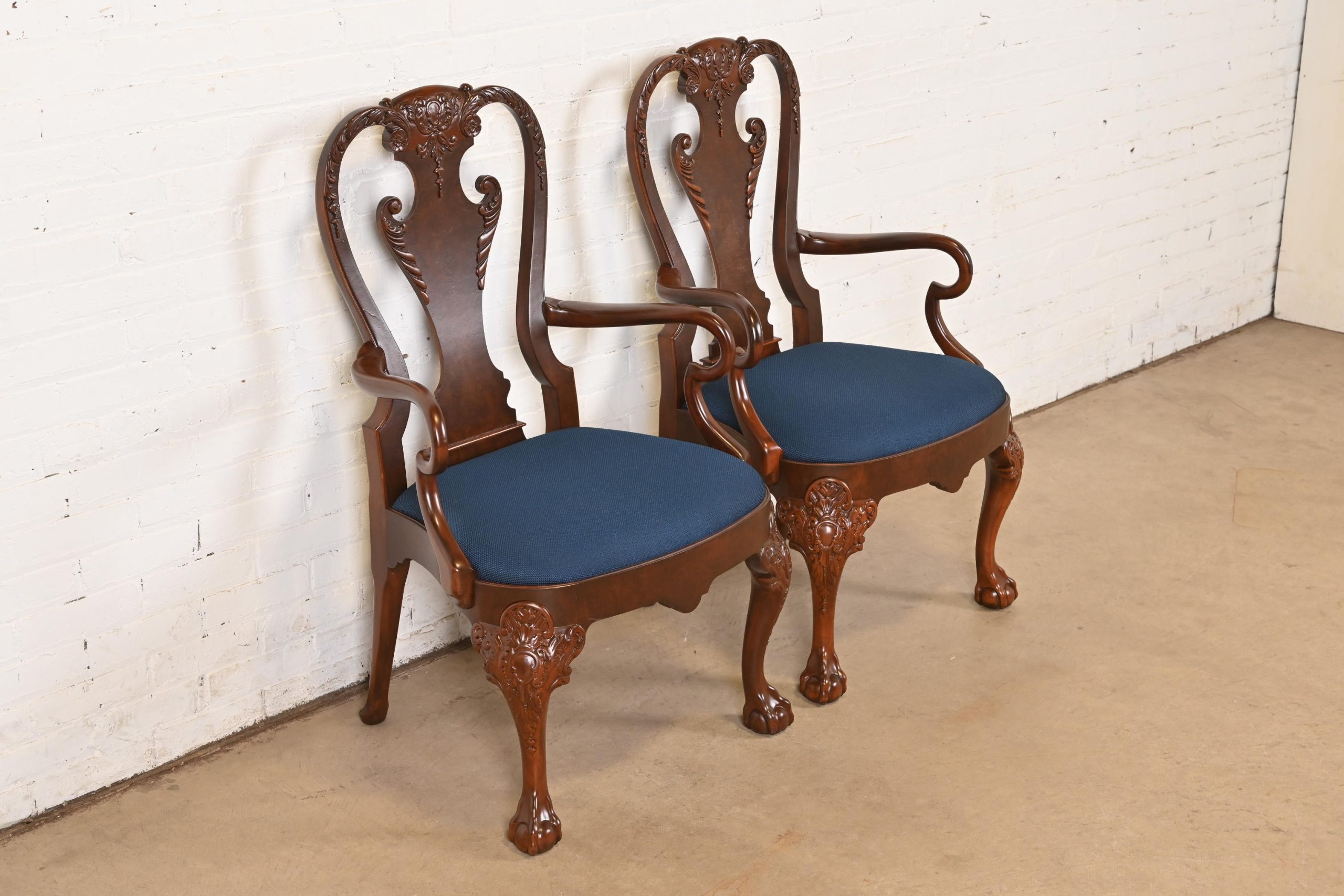 Baker Furniture Stately Homes Gerogian Carved Burled Walnut Armchairs or Dining Captain Chairs, Newly Refinished - Image 4