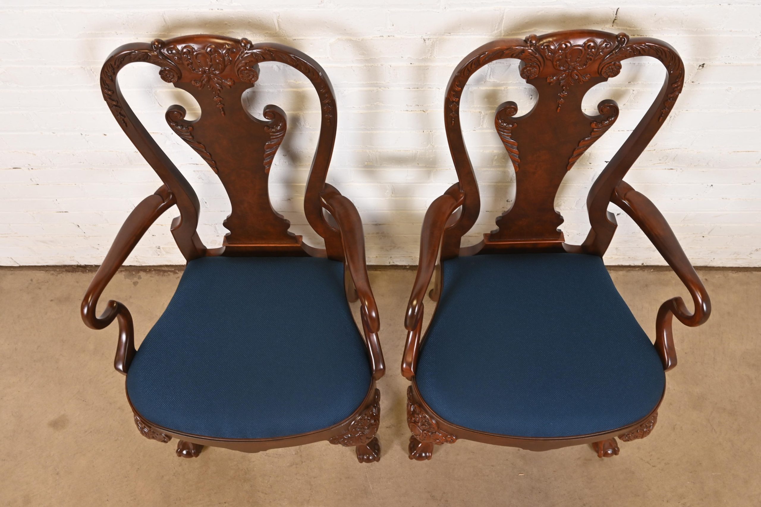 Baker Furniture Stately Homes Gerogian Carved Burled Walnut Armchairs or Dining Captain Chairs, Newly Refinished - Image 5