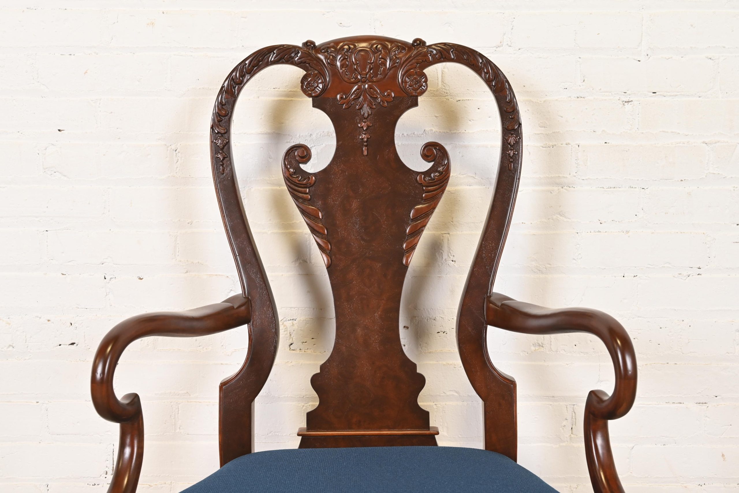 Baker Furniture Stately Homes Gerogian Carved Burled Walnut Armchairs or Dining Captain Chairs, Newly Refinished - Image 6