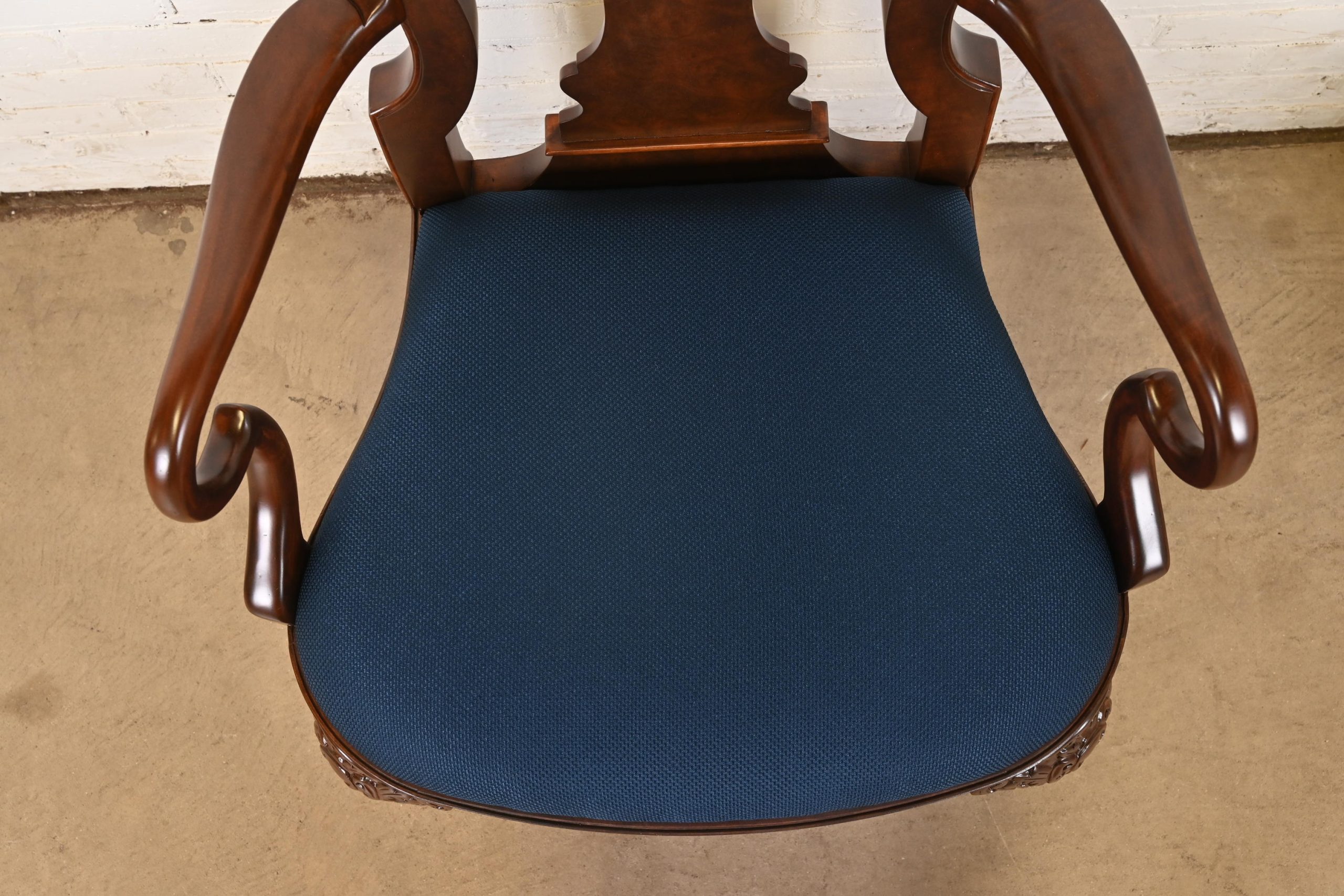 Baker Furniture Stately Homes Gerogian Carved Burled Walnut Armchairs or Dining Captain Chairs, Newly Refinished - Image 7