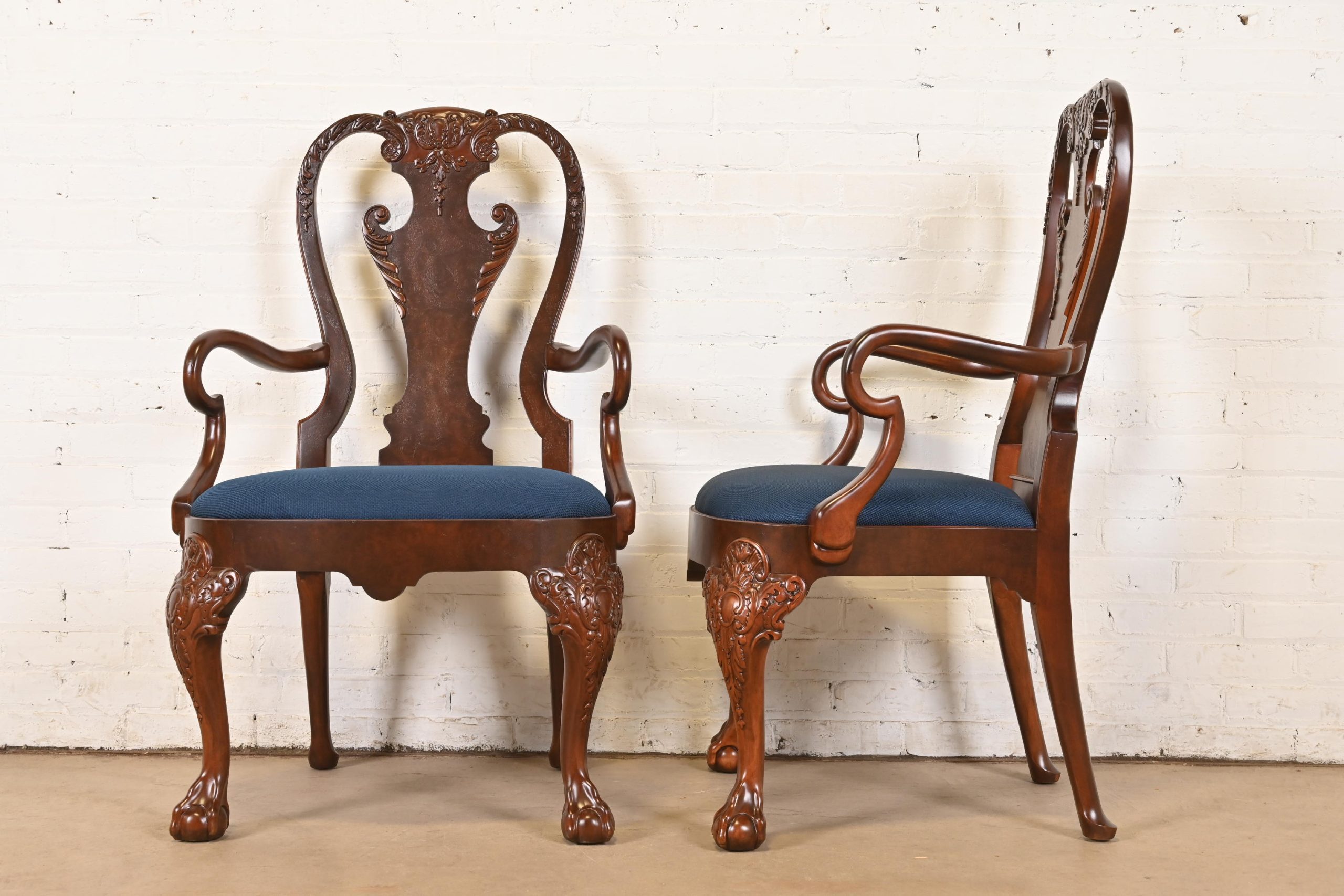 Baker Furniture Stately Homes Gerogian Carved Burled Walnut Armchairs or Dining Captain Chairs, Newly Refinished - Image 8
