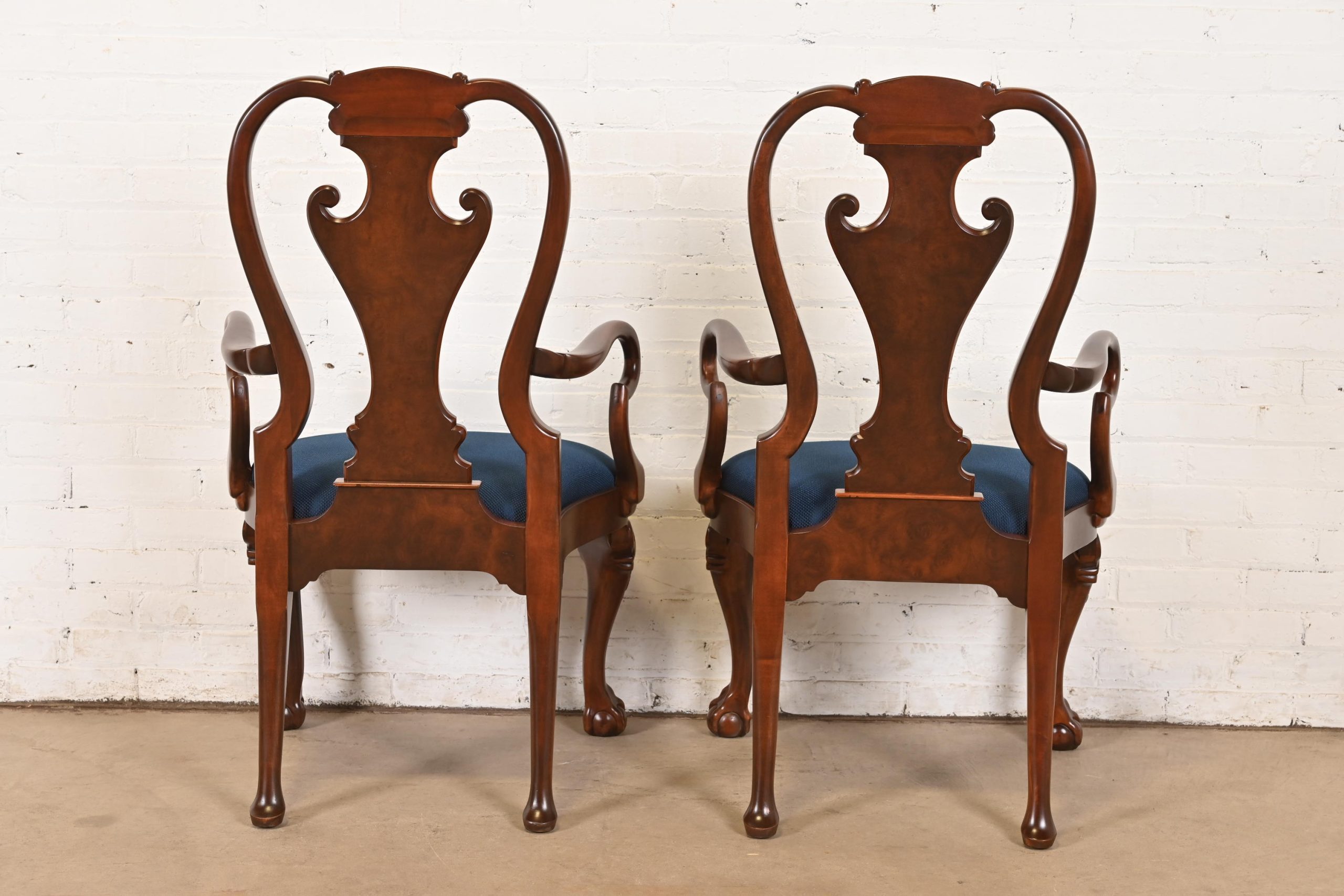 Baker Furniture Stately Homes Gerogian Carved Burled Walnut Armchairs or Dining Captain Chairs, Newly Refinished - Image 9