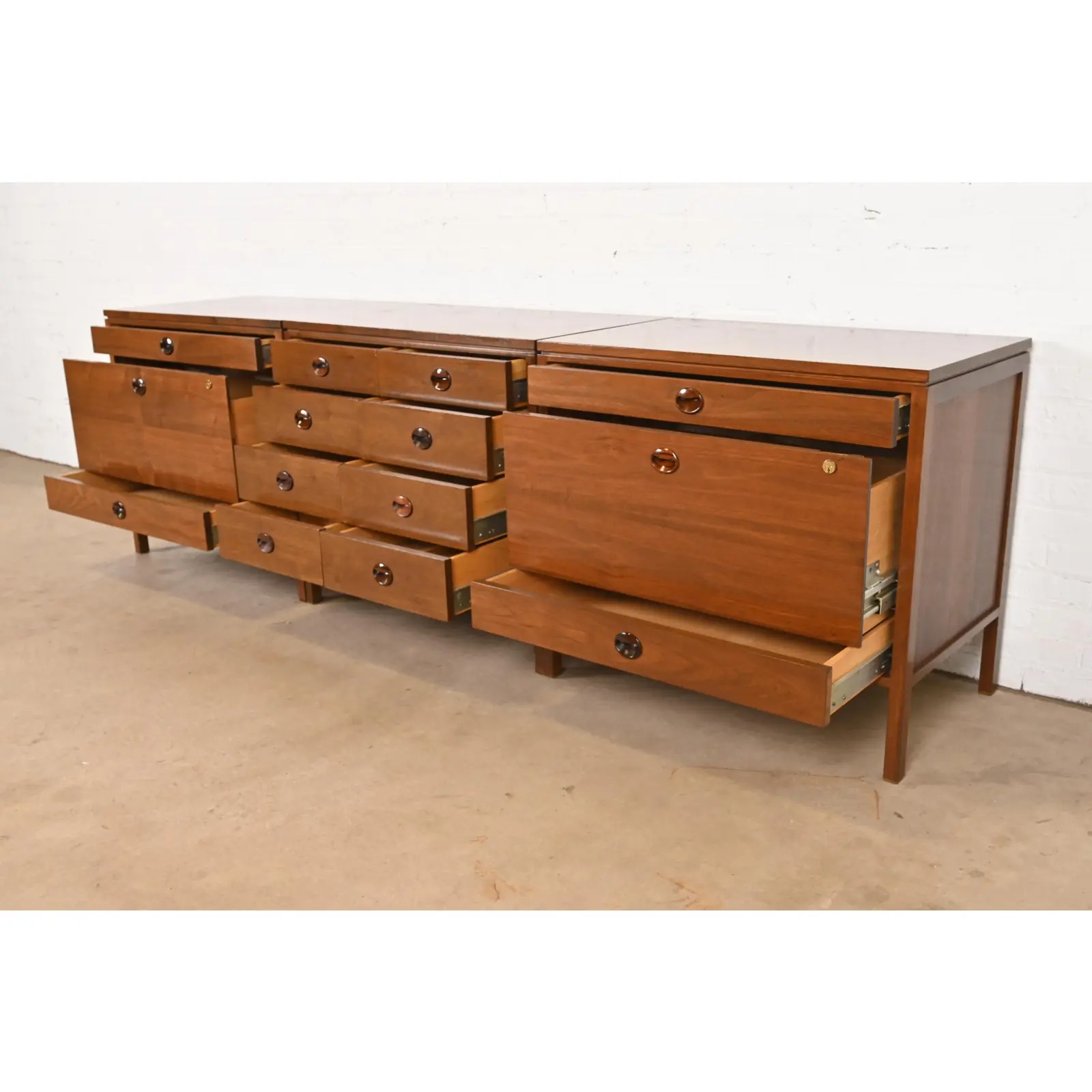 Edward Wormley for Dunbar Mid-Century Modern Walnut and Rosewood Three-Piece Executive Credenza, Circa 1960s - Image 6